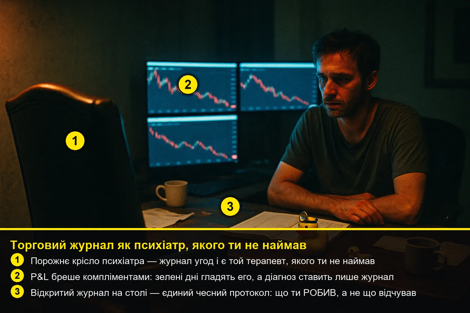 Анотований розбір сцени з пронумерованими вказівниками й легендою-поясненням механізму.