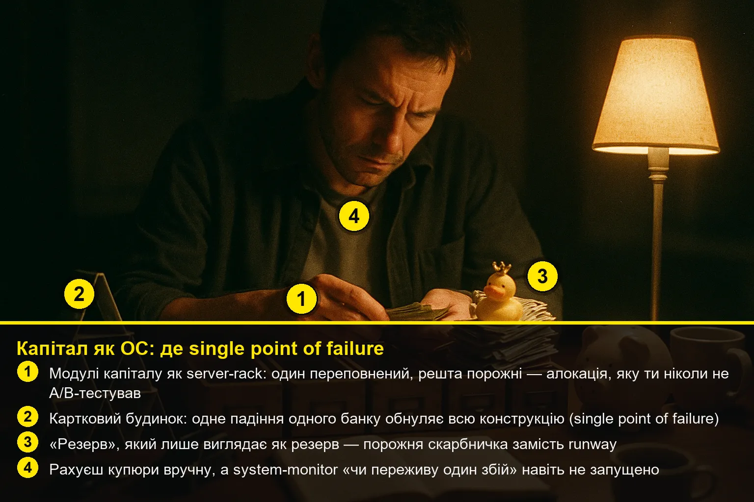 Анотований розбір сцени: модулі-коробки капіталу, картковий будинок (single point of failure), порожня скарбничка-резерв і ручний підрахунок купюр…
