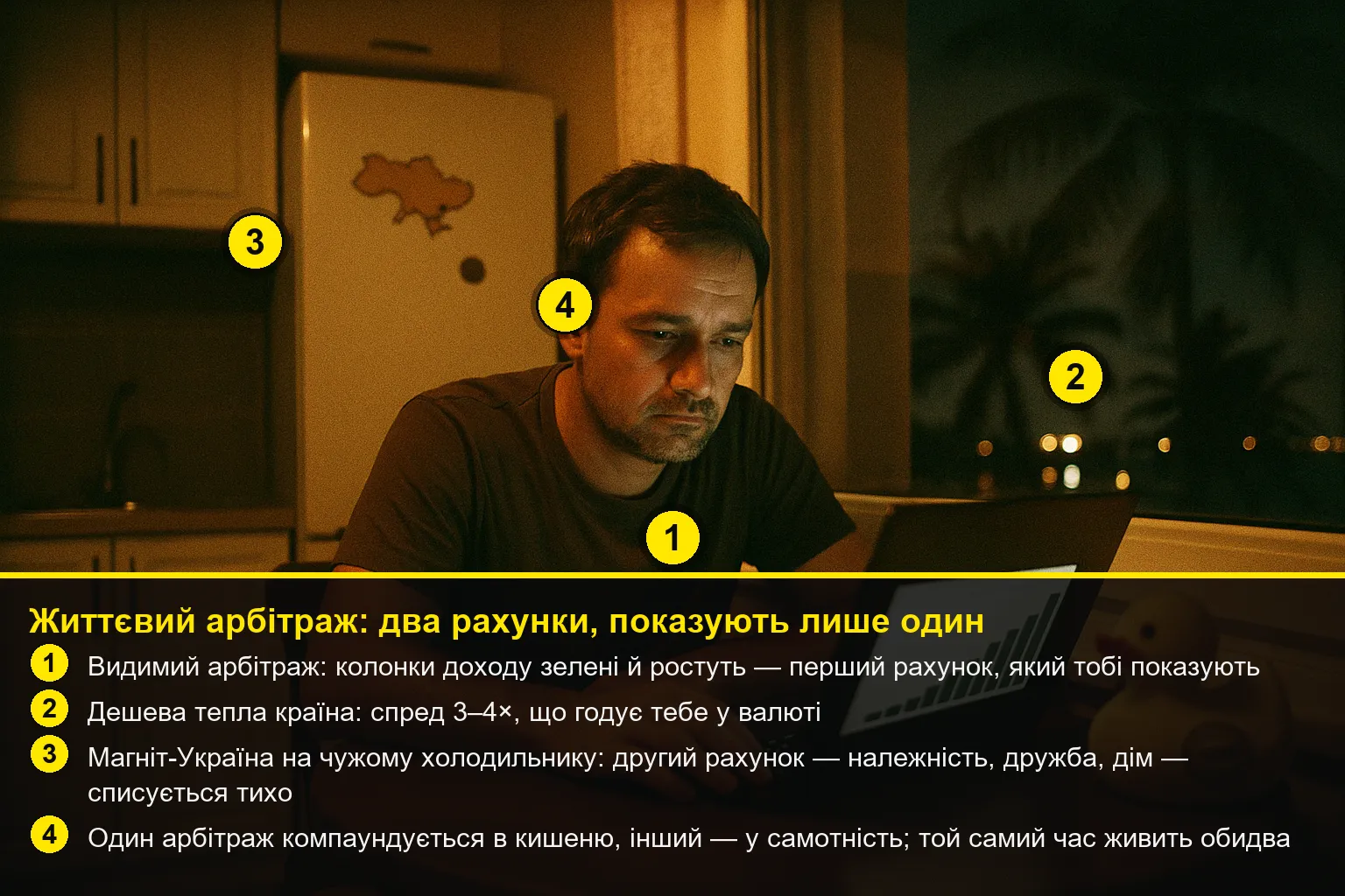 Анотований розбір сцени з пронумерованими вказівниками й легендою-поясненням механізму.
