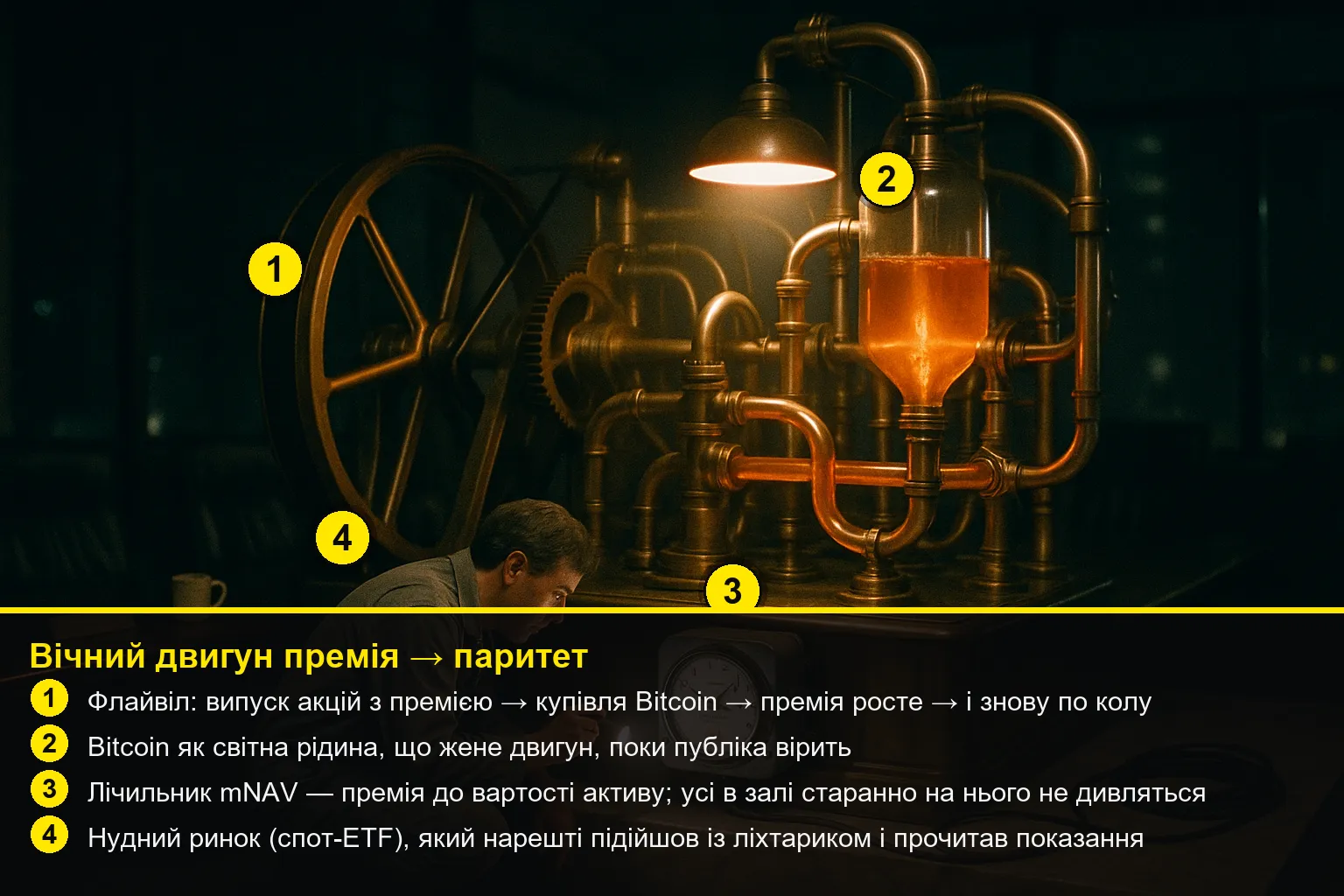 Анотований розбір сцени вічного двигуна: пронумеровані вказівники на флайвіл, Bitcoin-рідину, лічильник mNAV і прибиральника-ETF, з легендою-поясне…