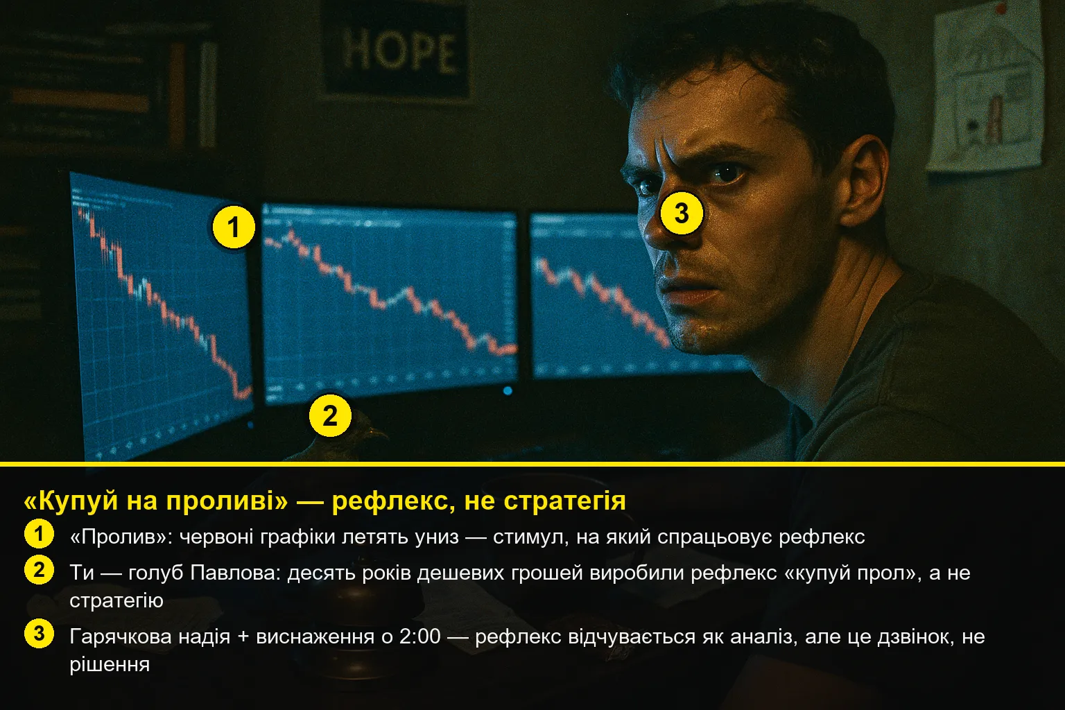 Анотований розбір сцени: червоні графіки-пролив, опудало голуба (рефлекс Павлова), гарячкове обличчя трейдера о 2:00, із легендою-поясненням.