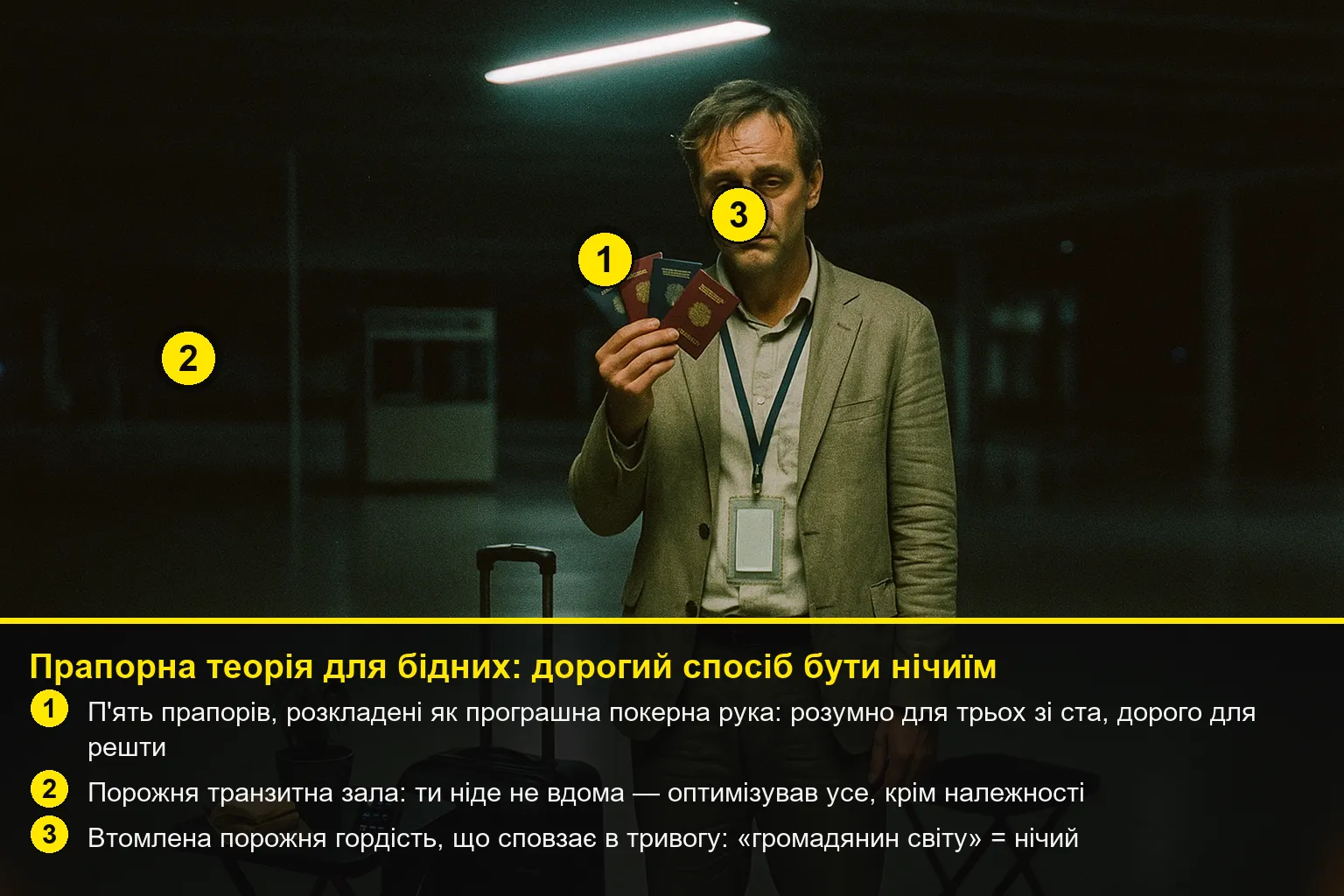 Анотований розбір сцени з пронумерованими вказівниками й легендою-поясненням механізму.