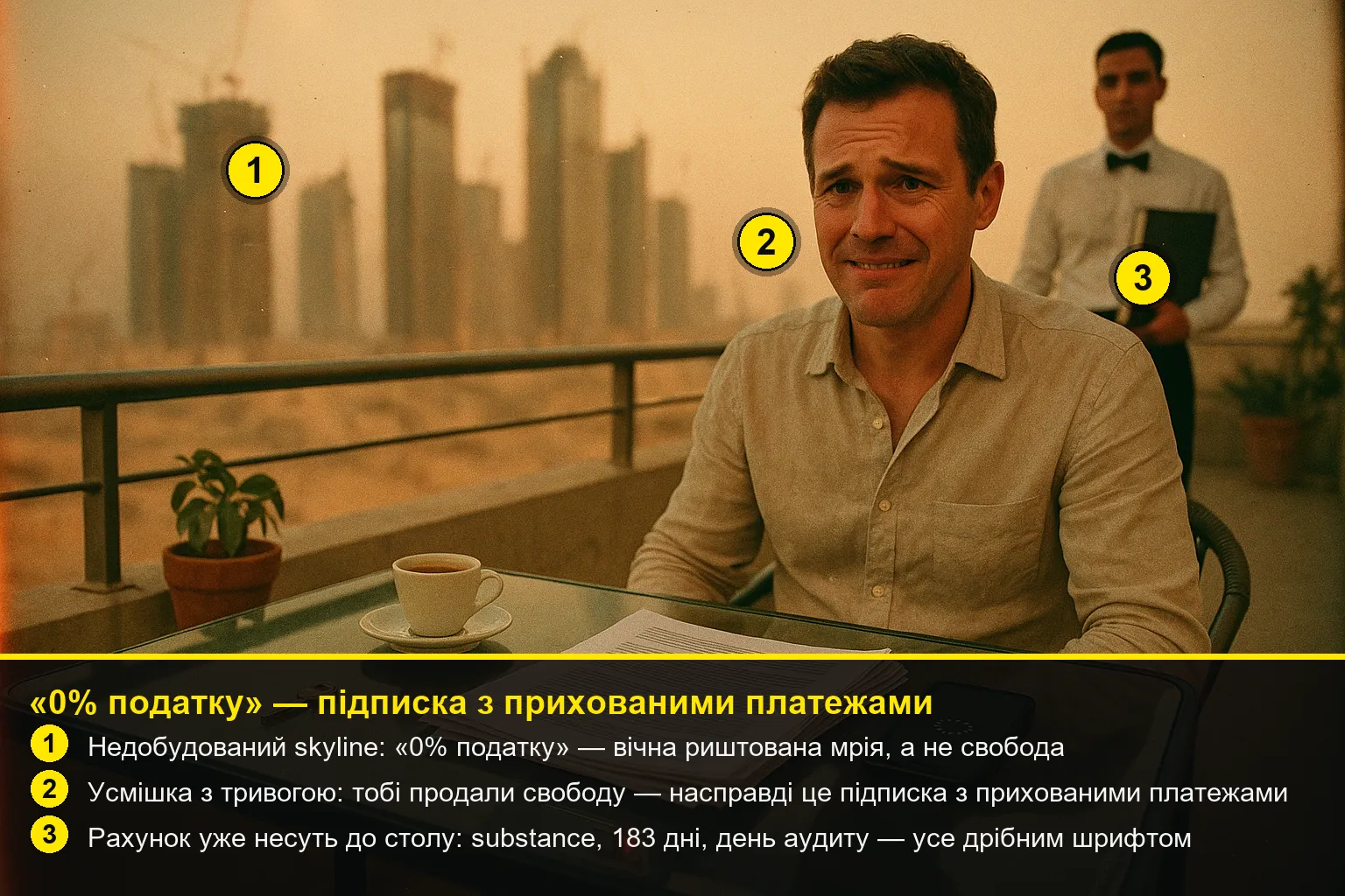 Анотований розбір сцени з пронумерованими вказівниками й легендою-поясненням механізму.