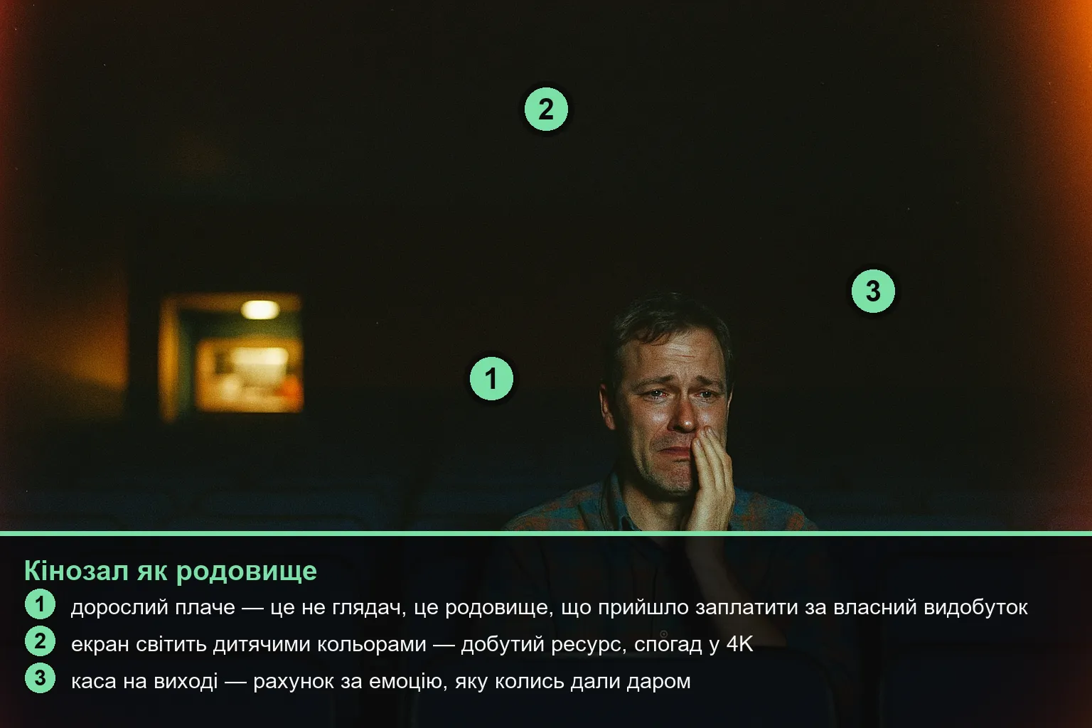 Анотований розбір сцени з пронумерованими вказівниками й легендою-поясненням механізму.
