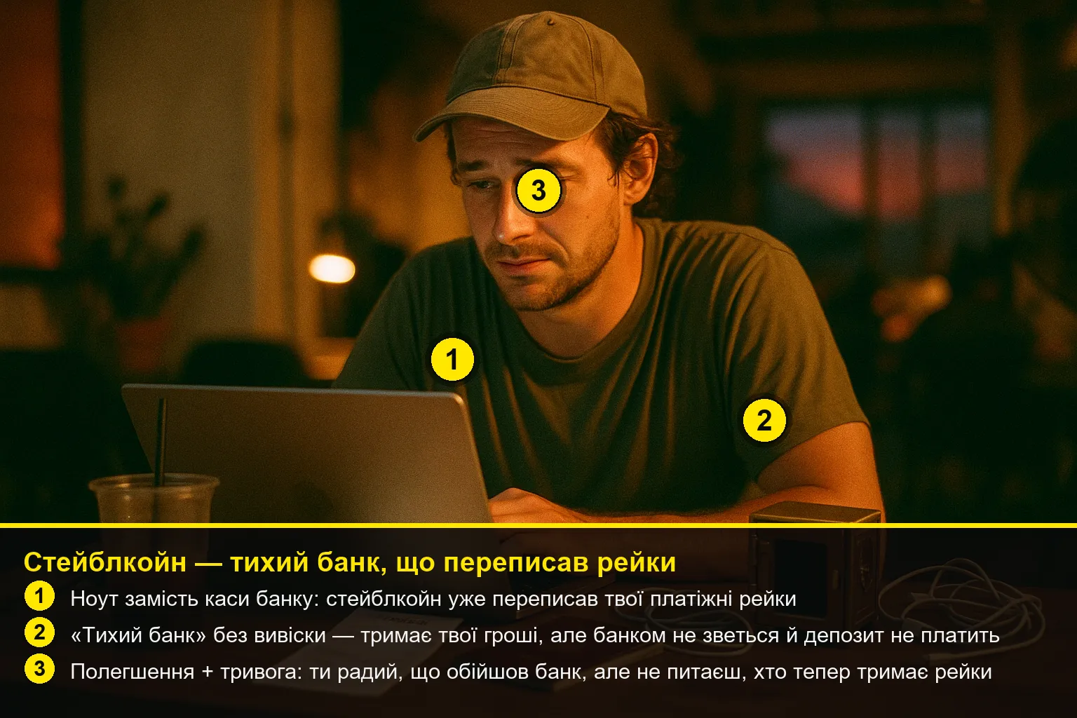 Анотований розбір сцени: ноут-платіж як нові рейки, крихітний брас-сейф (тихий банк), обличчя номада, із легендою-поясненням.