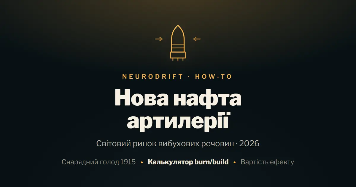 Промо-картка гайду: артилерійський снаряд і стрілки пропускної спроможності — світовий ринок вибухових речовин 2026.