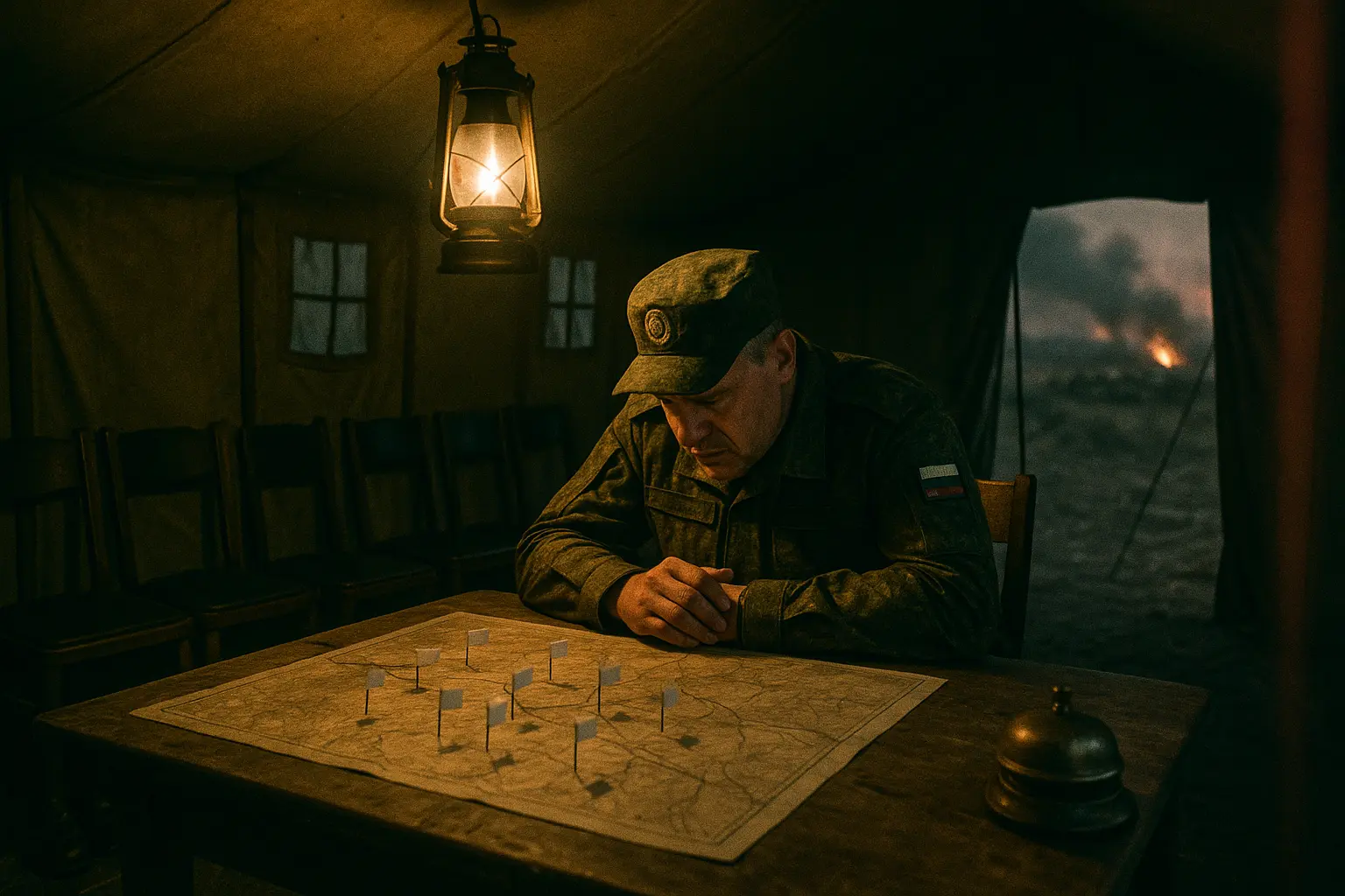Тьмяний командний бункер уночі, самотній виснажений офіцер тримає трубку польового телефону, а в ту єдину трубку збігаються дроти звідусіль; у тіні позаду сидять без діла солдати й чекають його слова.