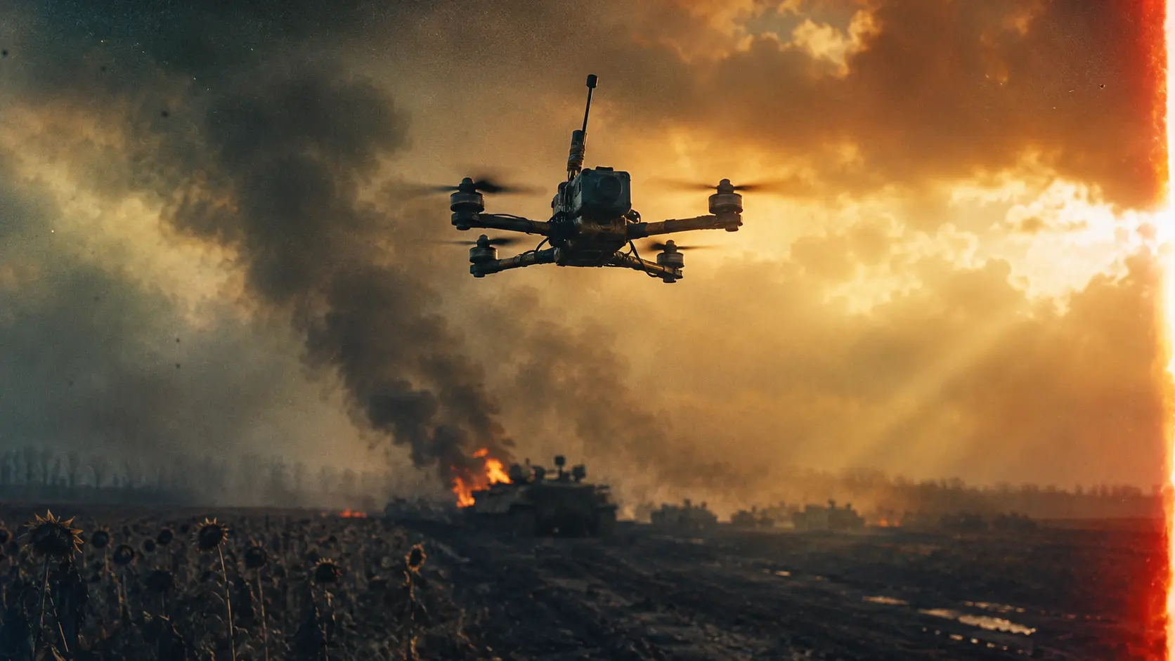 Дешевий FPV-дрон героїчно зависає проти величезного золото-бурштинового неба в диму; унизу горить дорогий танк серед спаленого соняшникового поля — кадр у стилістиці воєнного кіно, український контекст.