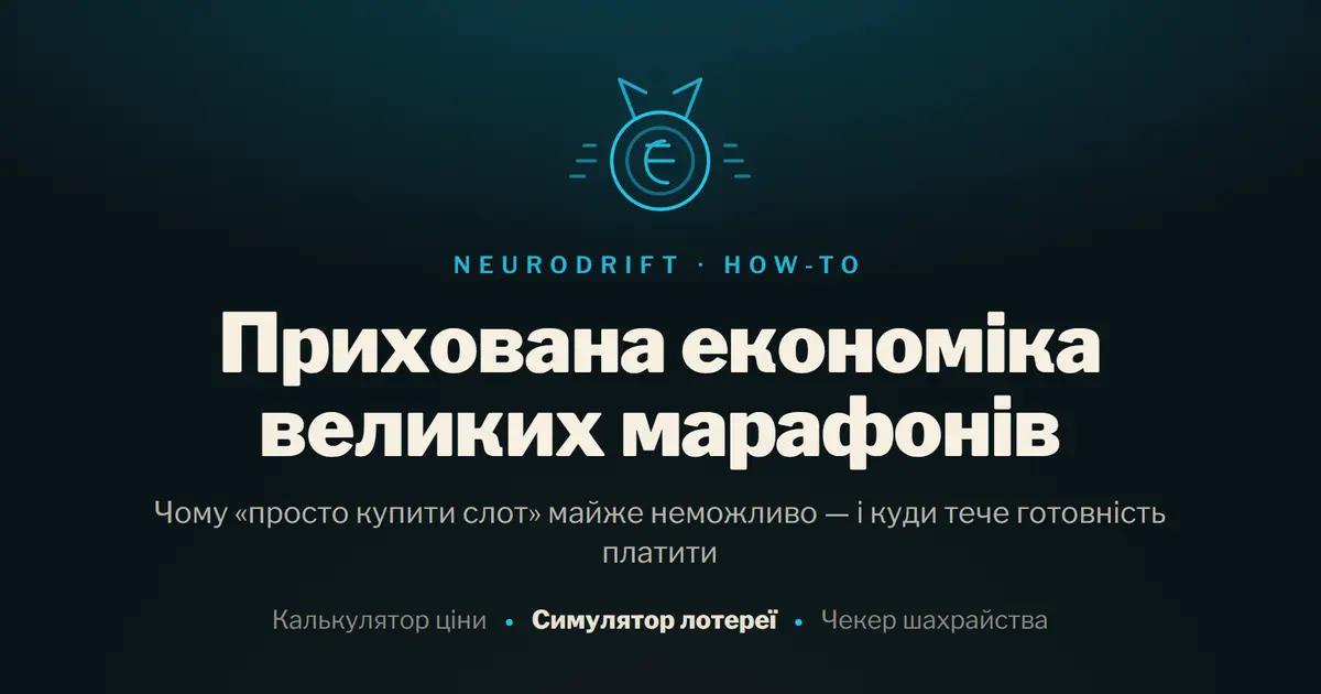 Промо-картка гайду: медаль з монетою і хвилі руху — прихована економіка великих марафонів.