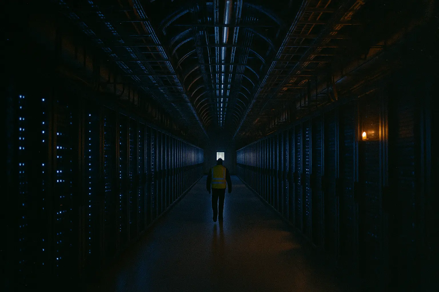 Інтер'єр дата-центру вночі, освітлений холодним блакитним світлом — як неф готичного собору, з кабельними трасами замість ребристого склепіння