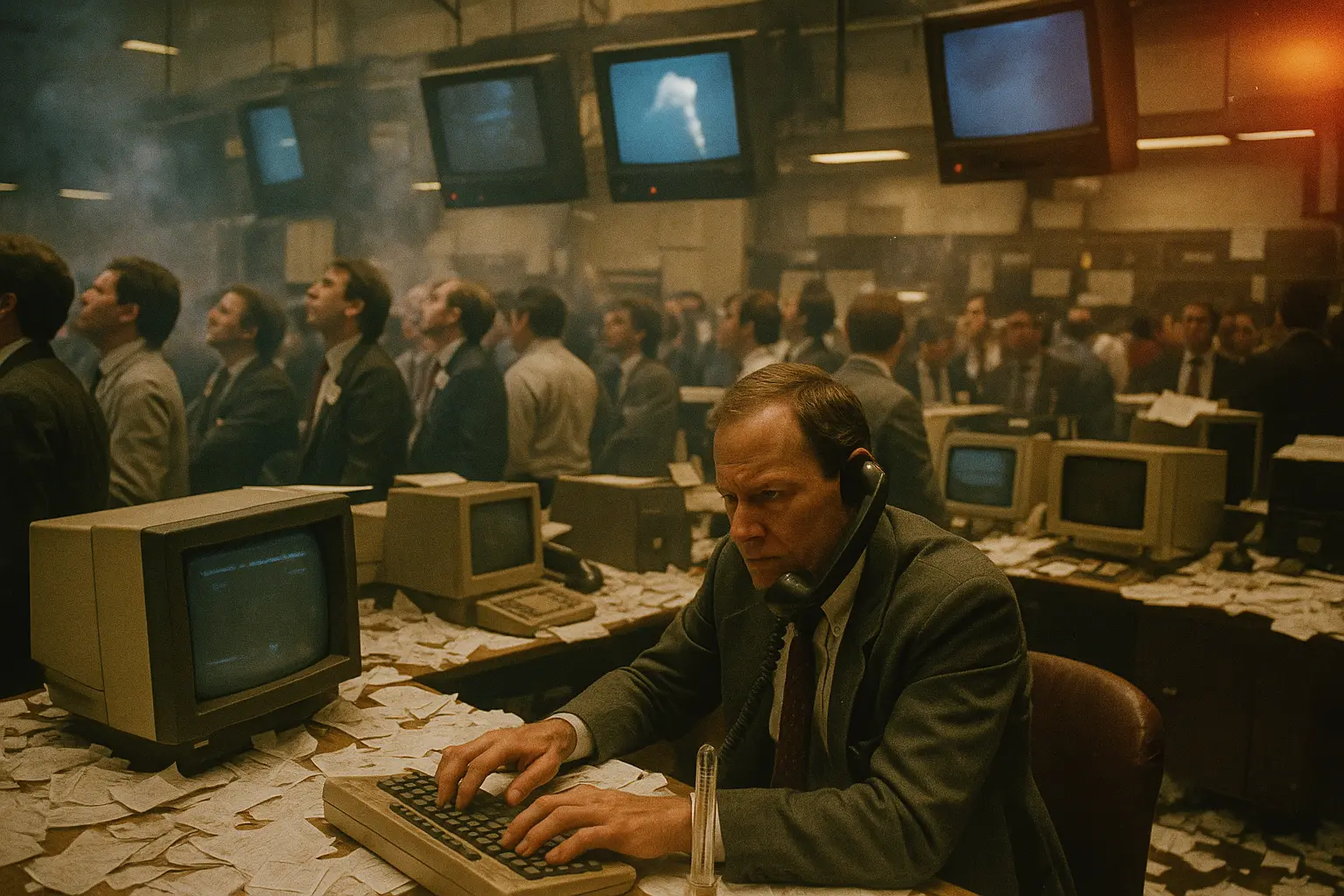 Трейдинг-фло NYSE 28 січня 1986: всі дивляться на дим на екранах, один уже продає
