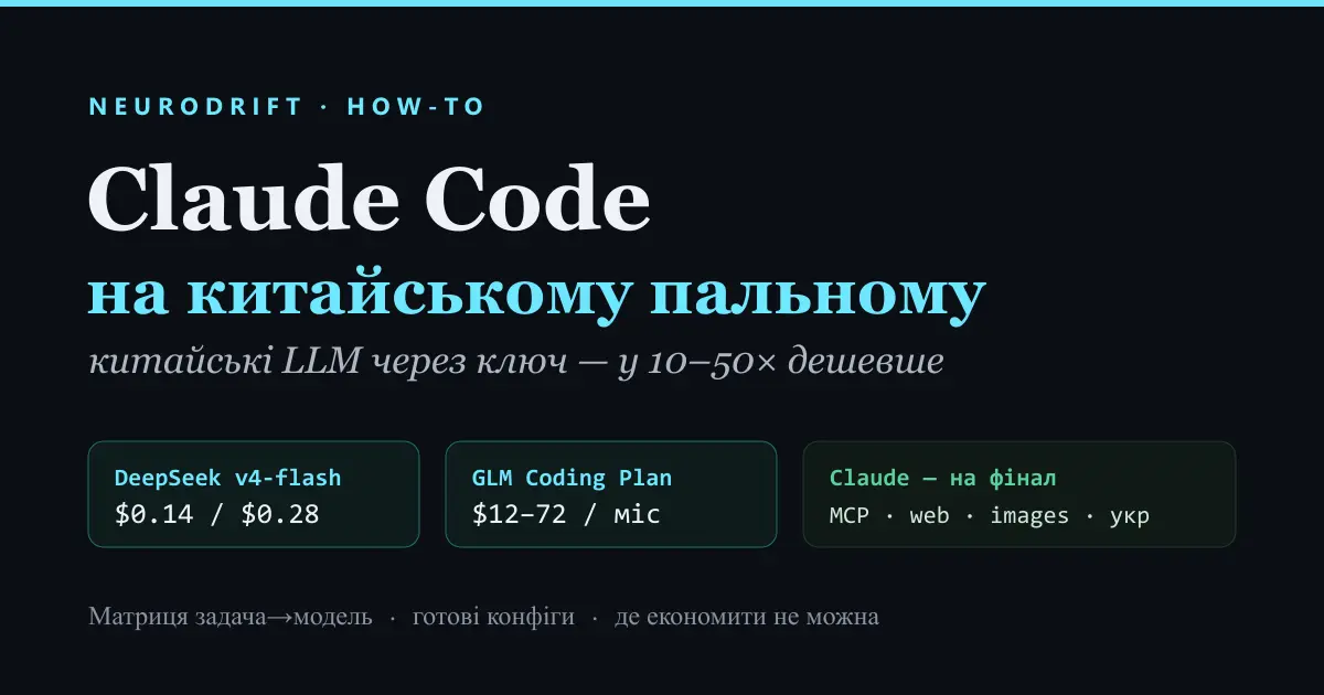 Схема-маршрут: типи задач (дослідження, лендінги, масовий контент, кодинг) перенаправляються на дешеві китайські LLM через Anthropic-сумісний ендпоінт, а внизу — смуга задач, що завжди лишаються на нативному Claude.