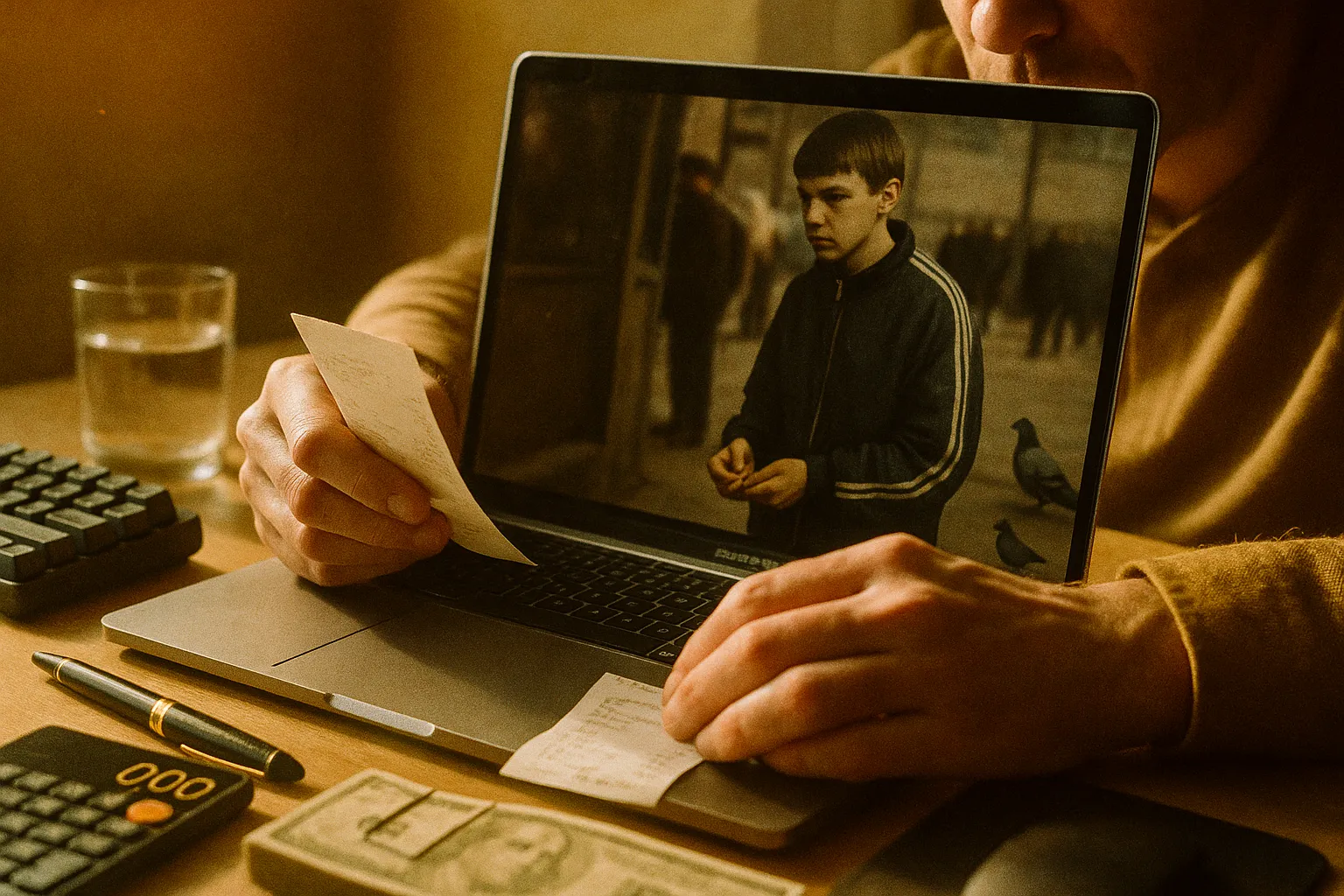 Руки чоловіка перераховують ресторанний рахунок над відкритим MacBook; у темному екрані ноутбука відбивається підліток у дешевому спортивному костю…