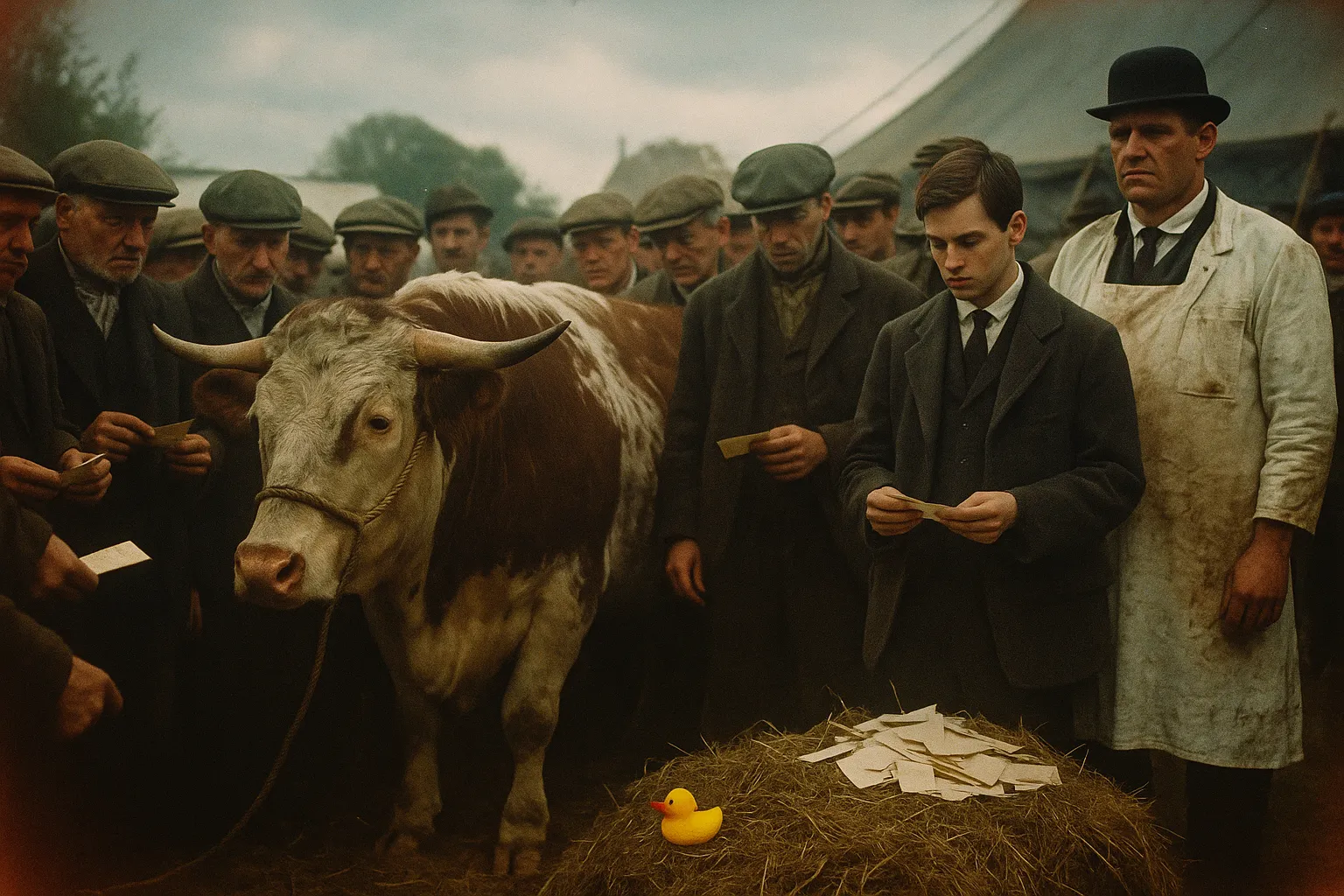 Британський ярмарок 1907: натовп у кепках довкола великого вола, у руках папірці з оцінками без читабельного тексту; молодий статистик дивиться не на вола, а на купу бюлетенів; у сіні біля копита — забута яскраво-жовта гумова качечка.