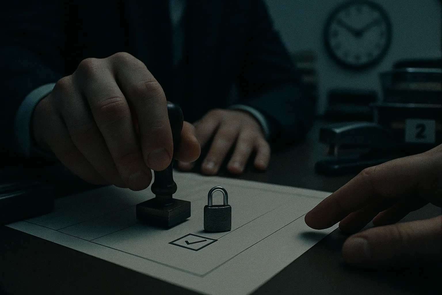 Рука в костюмі проставляє гербовий штамп у порожній checkbox форми, поки інша рука зависає поруч нерішуче — між ними на папері лежить маленький брелок-замочок