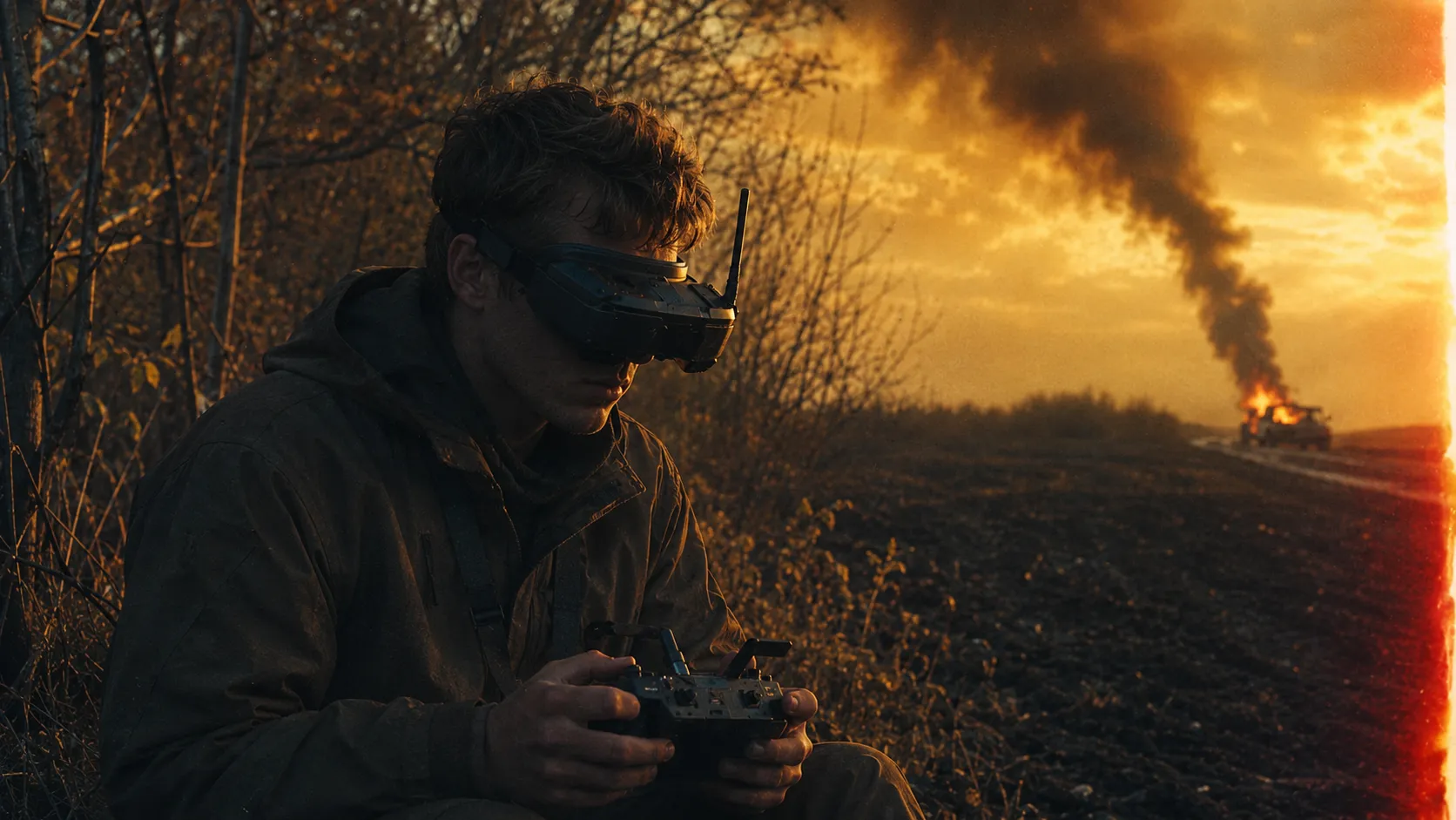 Оператор дрона з FPV-окулярами керує апаратом із лісосмуги; вдалині горить ворожа машина — золота година на українському полі.