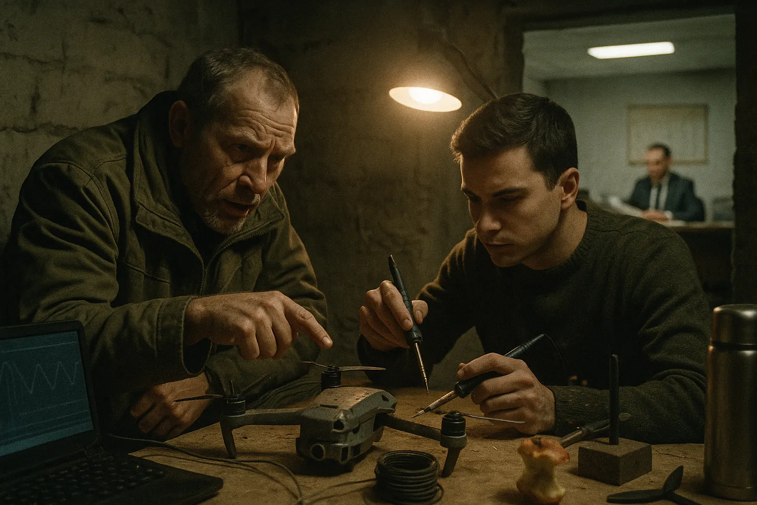 Оператор у підвалі тицяє пальцем у пошкоджений дрон, інженер уже бере паяльник — діагноз і виправлення без жодного рівня узгодження; за стіною чиновник перекладає той самий тендер у нову папку; над огризком яблука висить хмарка з кількох плодових мушок