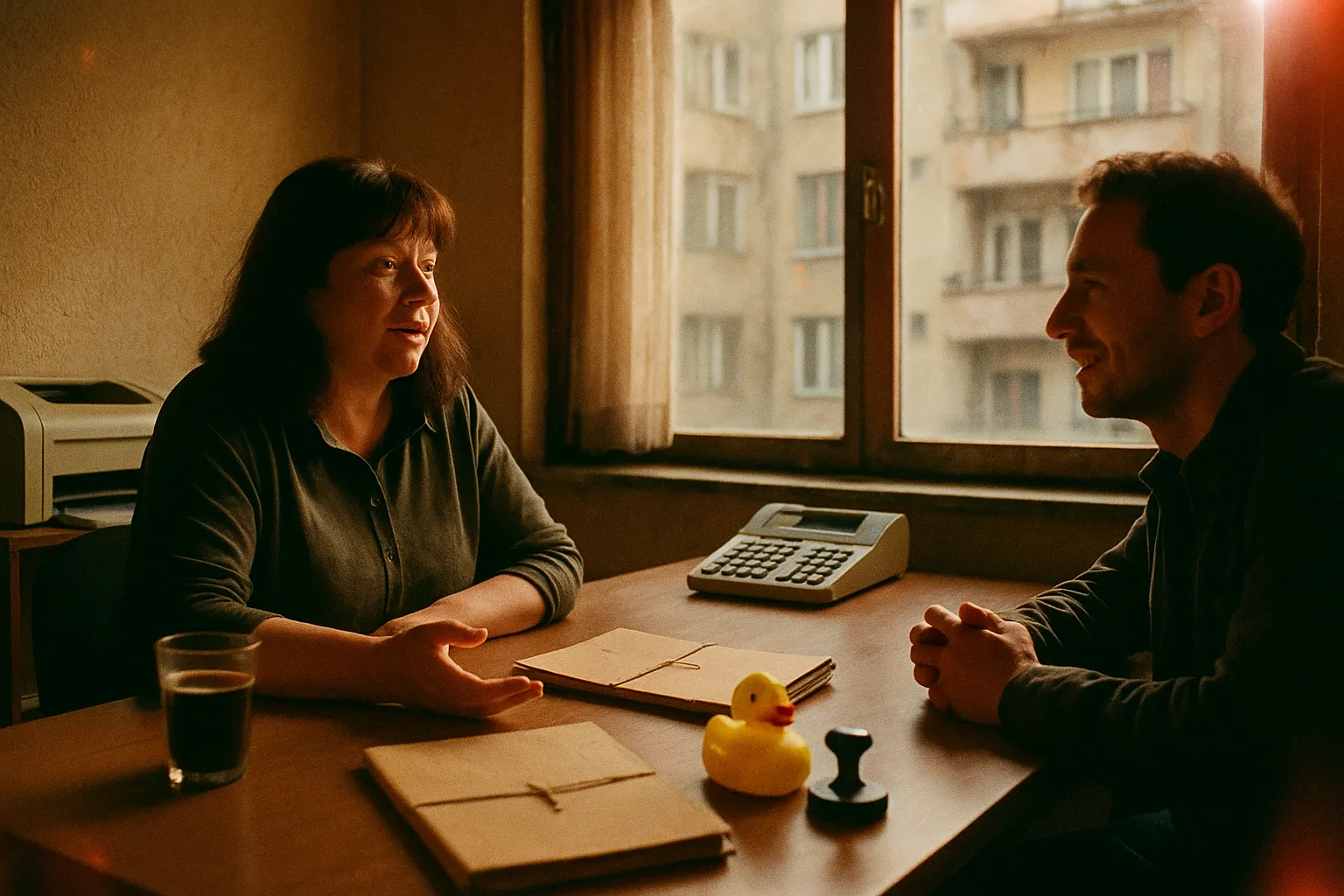 Ранкове світло в маленькій бухгалтерській конторі в Софії: дешевий лазерний принтер, кава в склянці, папка із зав'язками, старий калькулятор; бухгалтерка з утомленою компетентністю й фаундер навпроти з полегшенням на обличчі; біля круглої печатки на столі сидить маленька жовта гумова debug-качка.
