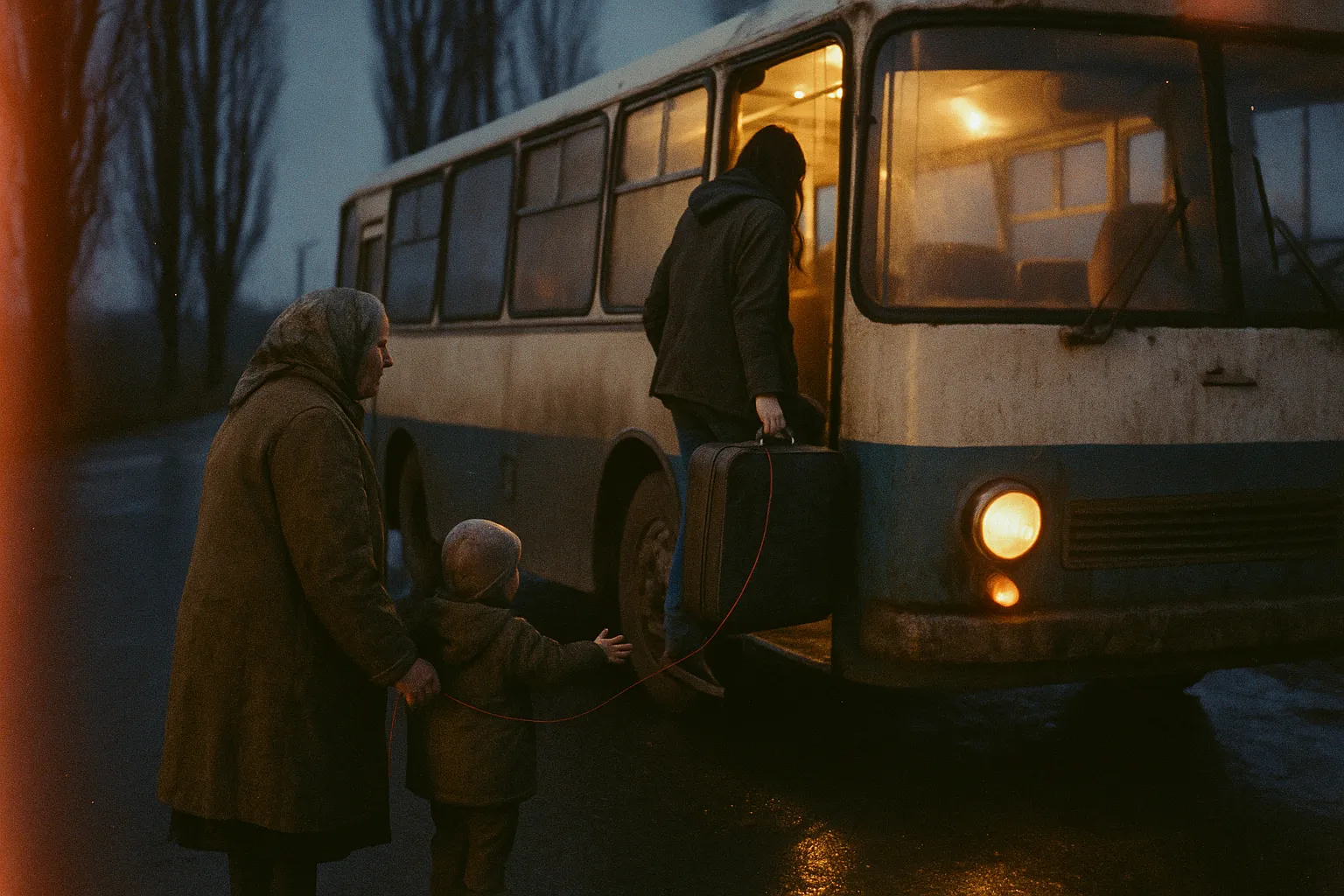 Сільська автобусна зупинка в сутінках: молода жінка з валізою сідає в автобус, бабуся тримає за руку малюка, що тягнеться слідом; з валізи зачепилась і розмотується червона нитка, кінець якої лишається в руках бабусі