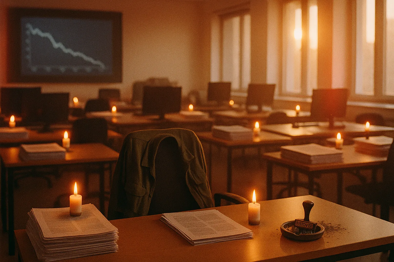 Метафоричний кадр: довгий стіл-офіс ed-tech компанії, на стіні графік трафіку з останнім кварталом, що різко падає; на столі — стоси роздрукованих статей, біля кожної маленька надмогильна свічка; за столом порожній стілець методистки, на спинці куртка; на дальньому краю стола маленька офіційна печатка APPROVED осипається пилом у попільничку.
