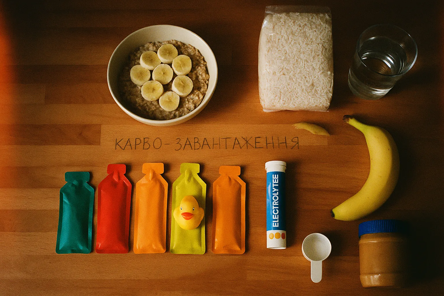 Кухонна стільниця згори у ранковому світлі: вівсянка, рис, енергетичні гелі віялом, електроліти, банан — серед гелів захована жовта гумова качечка.