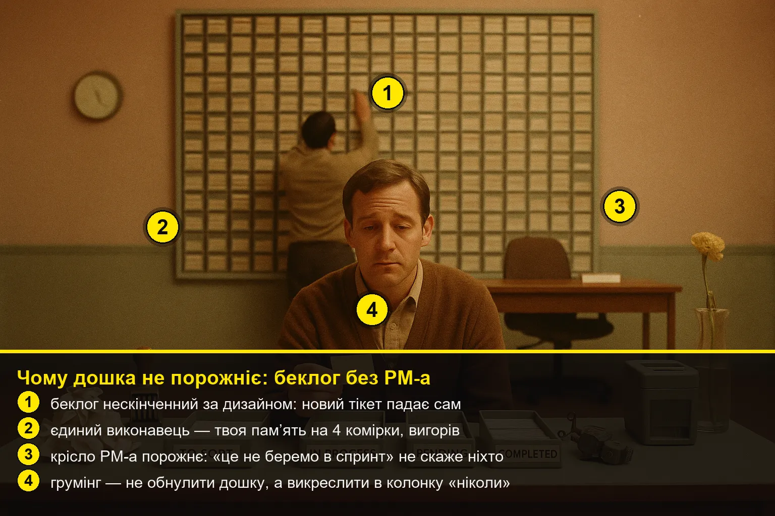 Чоловік навколішки сортує картки у чотири лотки, не наважуючись кинути одну в дальній; за ним височіє стіна тікетів, що сама обростає новими, самотній клон надривається грумити її наодинці, а крісло проджект-менеджера стоїть порожнім.