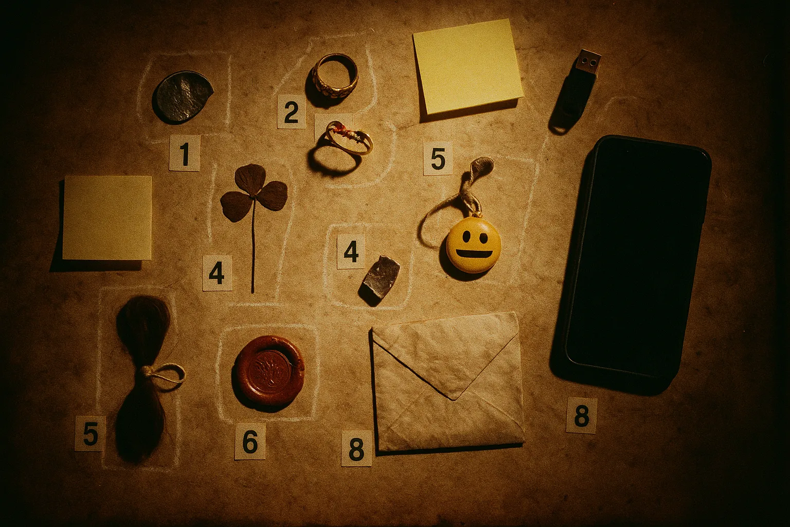 Музейний flat-lay на пергаменті з нумерованими бирками доказів, як на місці злочину: по-звірячому зігнута срібна монета, золотий перстень із гравіюванням усередині обідця, акростиховий перстень, засушена квітка — і серед них недоречний сучасний жовтий стікер.