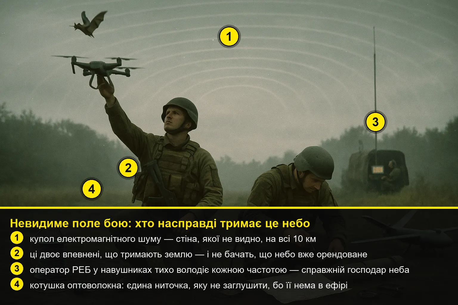 Піхотна група на узліссі: один запускає дрон, інший звіряється з паперовою картою й компасом, бо GPS бреше; над ними вигинається невидимий купол електромагнітного шуму.