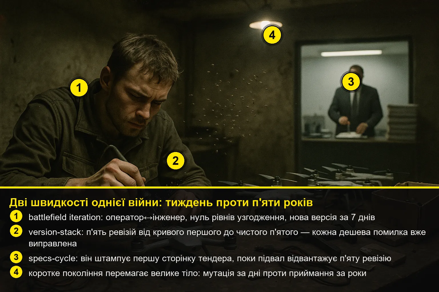 Підвальна майстерня з рядком із п'яти дронів від кривого першого до чистого п'ятого; за стіною чиновник штампує першу сторінку грубого тендера; над столом кипить ціла хмара плодових мушок; жовті номерні вказівники з легендою про дві швидкості