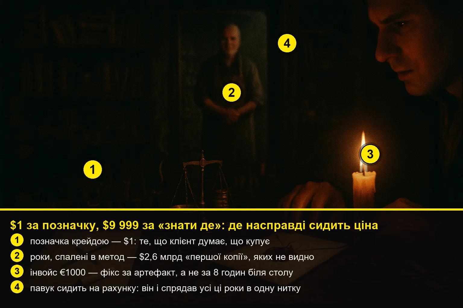 При свічці три речі на столі: чиста сторінка з однією позначкою крейдою, темний дверний отвір із прихованими роками-риштуванням і важкий рахунок із…