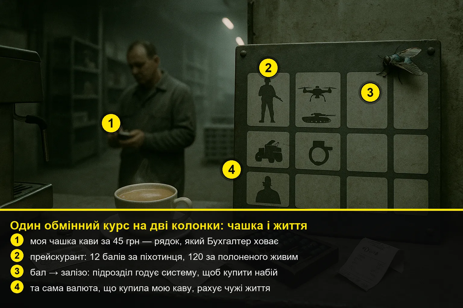 Сіра складська стійка: на бетоні стоїть ранкова чашка латте, поруч — прейскурант із цінами на життя, у глибині клерк міняє жетони на палету дронів; жовті номерні вказівники з легендою про обмінний курс зручності.