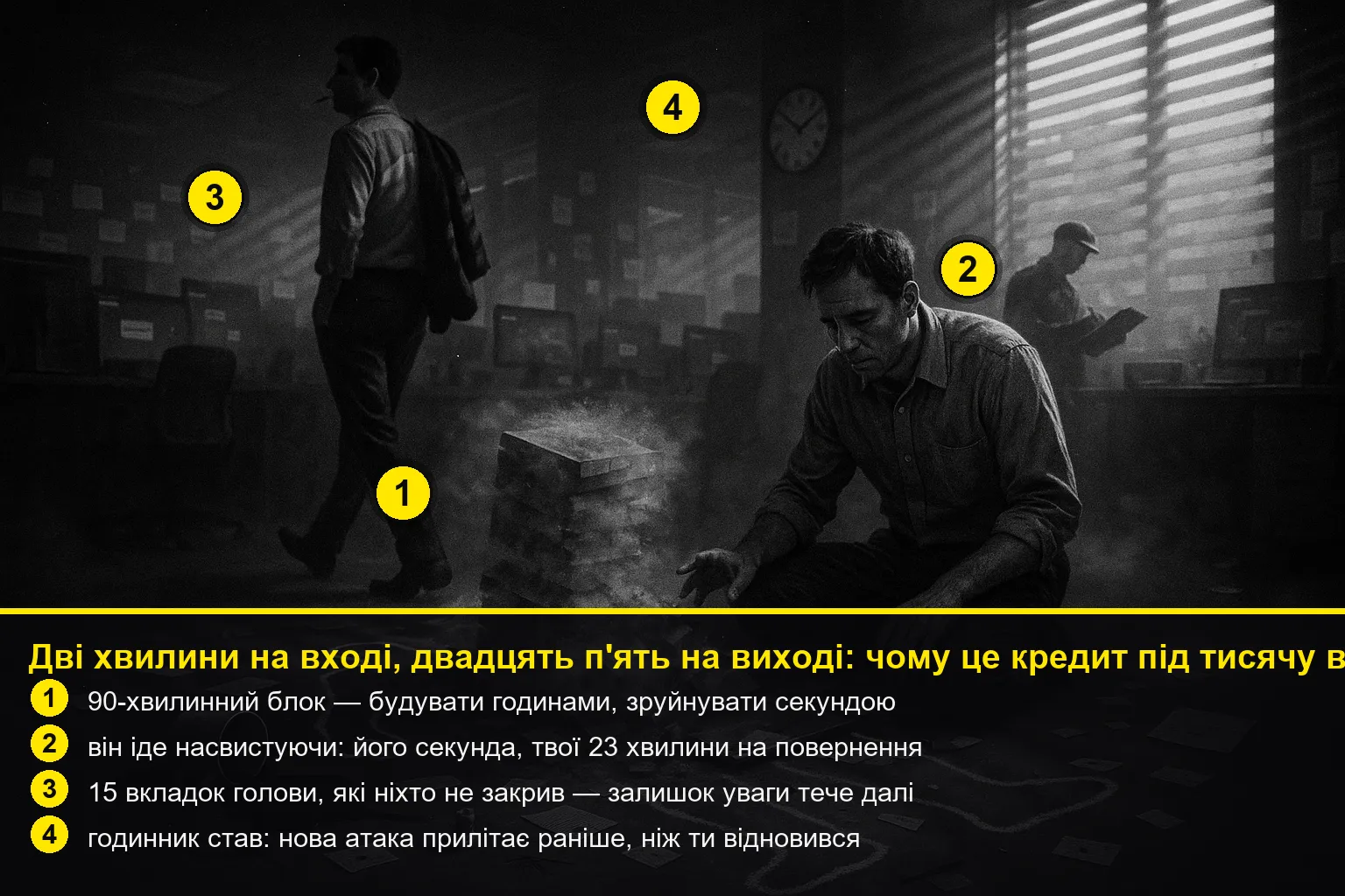 Нуар-місце злочину: зруйнований 90-хвилинний блок лежить, як убитий, під крейдяним обрисом — повалена вежа з паперів і розбитий ноутбук; жертва сто…