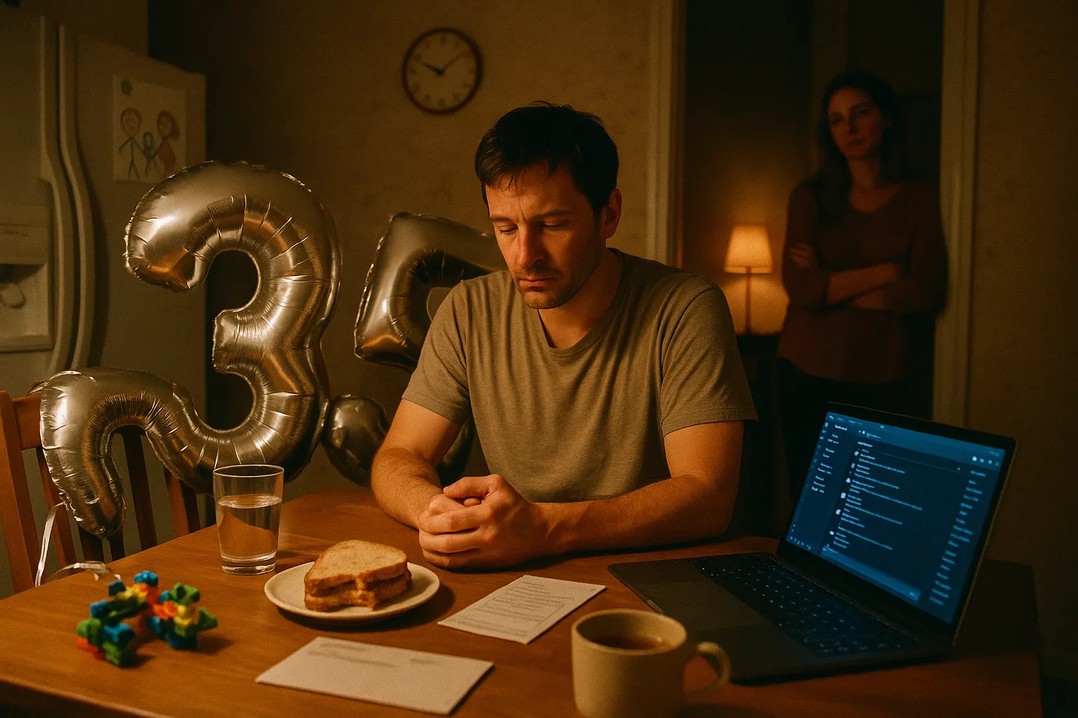 Нічна кухня. Чоловік 35 років за кухонним столом з ноутбуком і конвертом аналізів; у дверях, у мʼякому світлі дитячої лампи, втомлена дружина спирається на одвірок. На сусідньому стільці — наполовину здута фольгована куля «35».