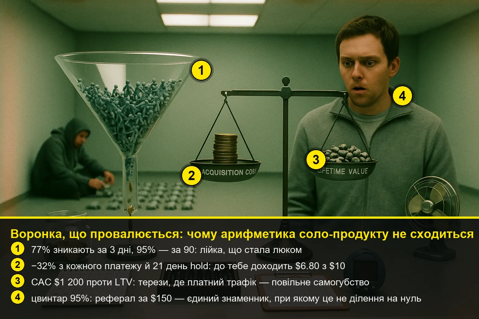 Прозора воронка, у яку зсипаються користувачі, а на виході капає одна монета через 21 день; поряд терези, де чаша CAC переважує майже порожню чашу LTV; вдалині цвинтар мертвих ботів.