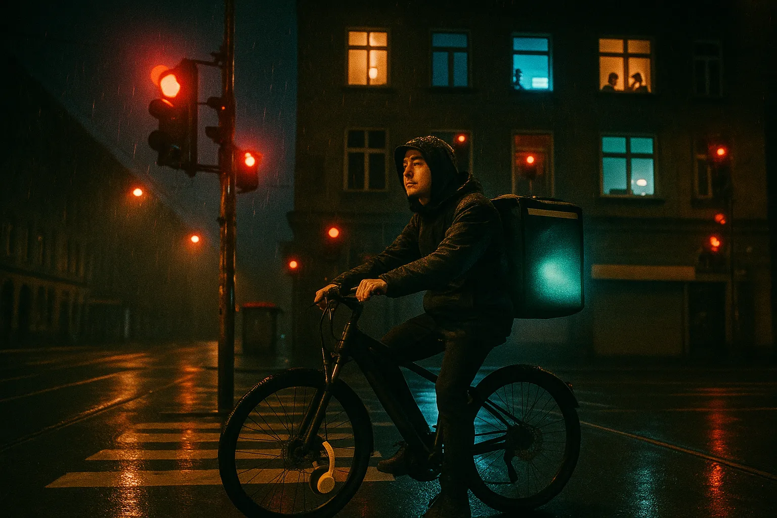 Нічне перехрестя під дощем: кур’єр на електровелосипеді чекає на зелений, над ним фасад, у кожному вікні свій екранний відблиск