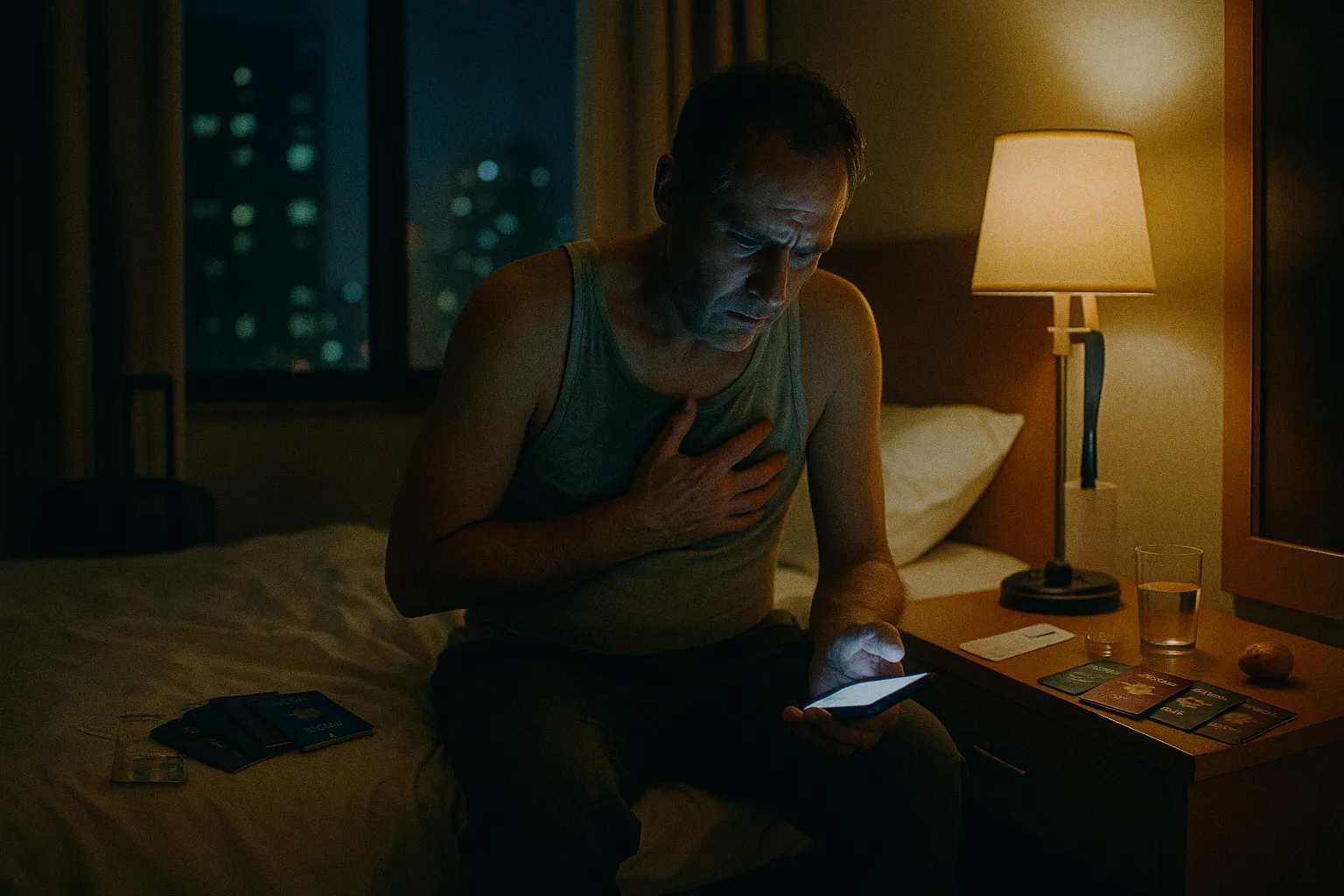 Третя ночі, чуже місто, біль у грудях — і телефон із порожнім списком контактів. На тумбочці п'ять паспортів віялом; на лампі той самий бейдж на шн…