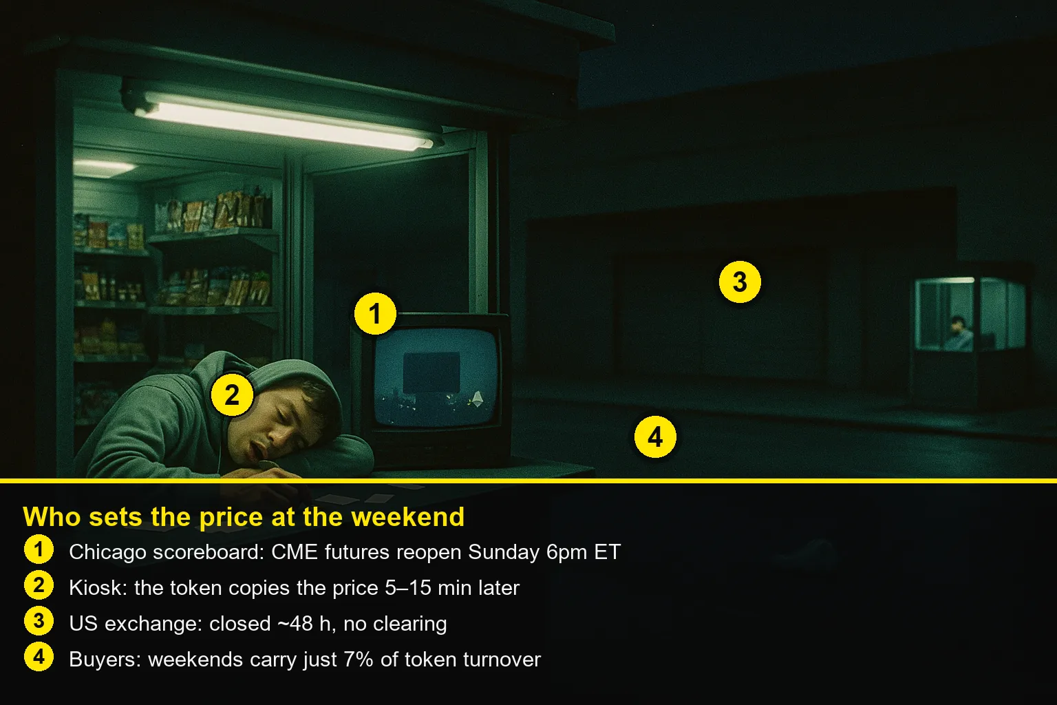 Saturday: an empty kiosk, the seller asleep on the counter among half-written price tags; on a small television, the dark scoreboard of a night city; across the road, a closed supermarket
