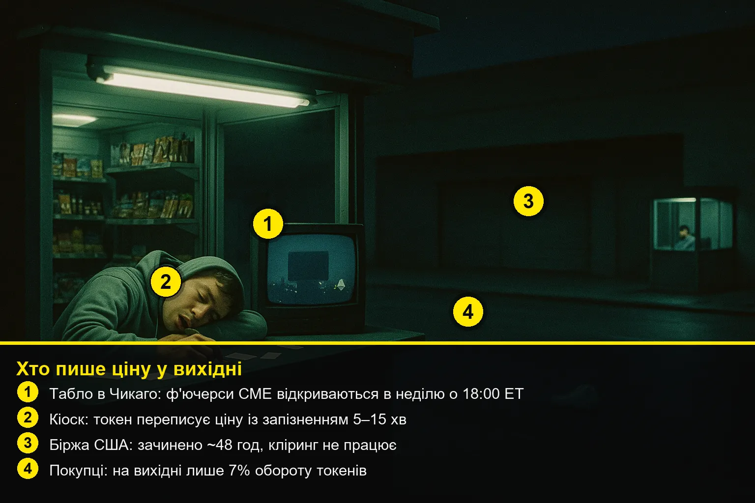 Субота: порожній кіоск, продавець спить на прилавку серед недописаних цінників; на маленькому телевізорі — темне табло нічного міста; через дорогу зачинений супермаркет