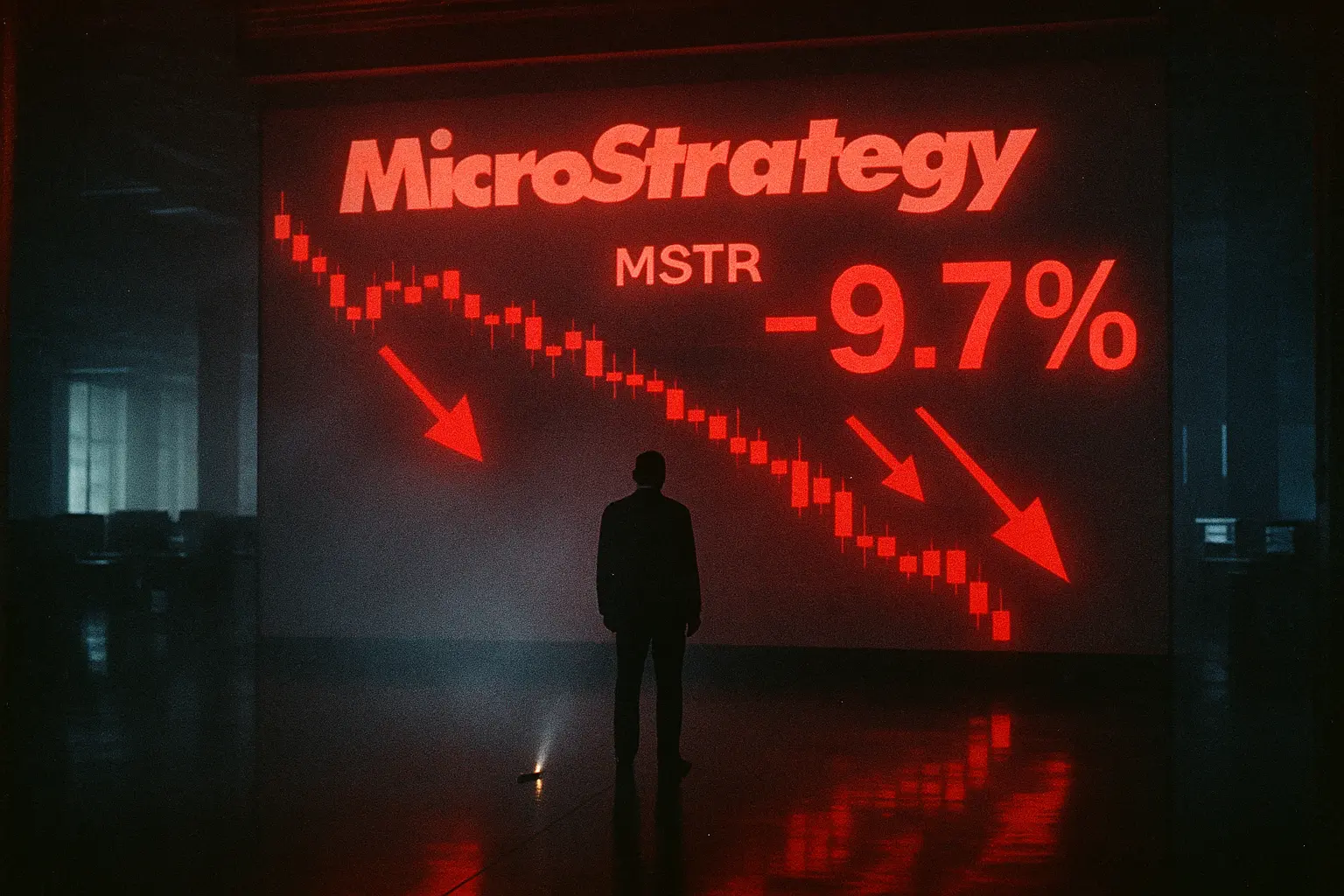Велетенський червоний екран у темному торговому залі: напис «MicroStrategy», тікер MSTR і −9.7% над обвальним графіком; самотній силует чоловіка дивиться вгору на падіння