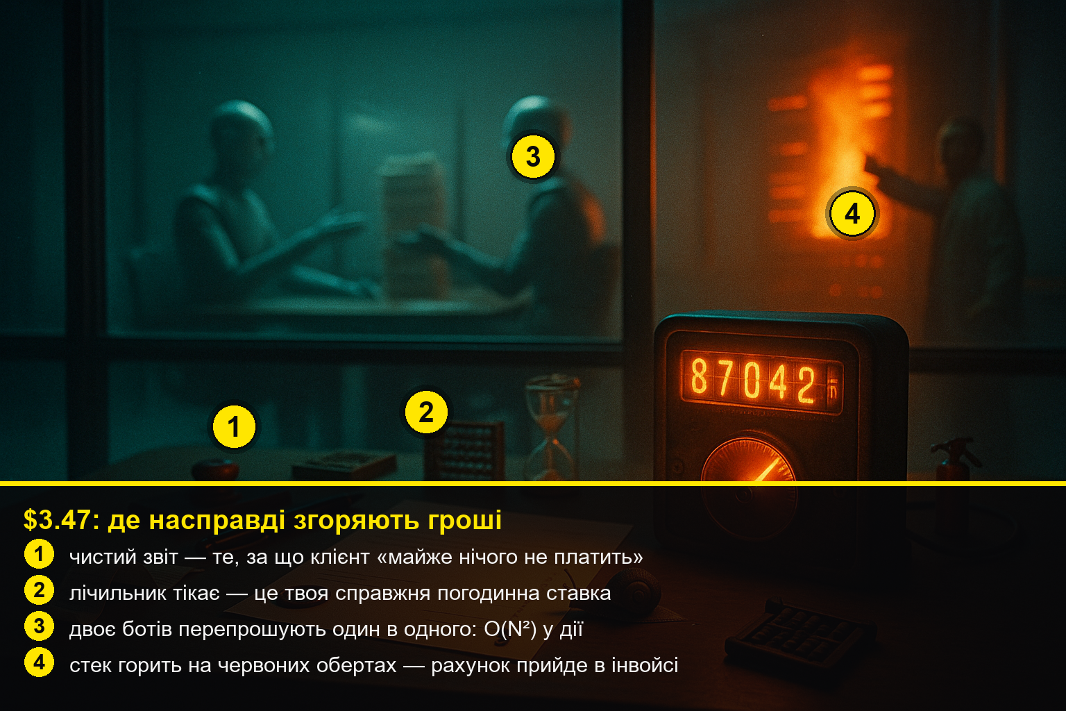 Один чистий звіт біля палаючого лічильника вартості; за склом двоє ботів-клерків нескінченно перепрошують один в одного, стек компʼюта димить на червоних обертах, аудитор марно кричить; равлик повзе по інвойсу. Жовті номерні вказівники з легендою про те, де згоряють гроші