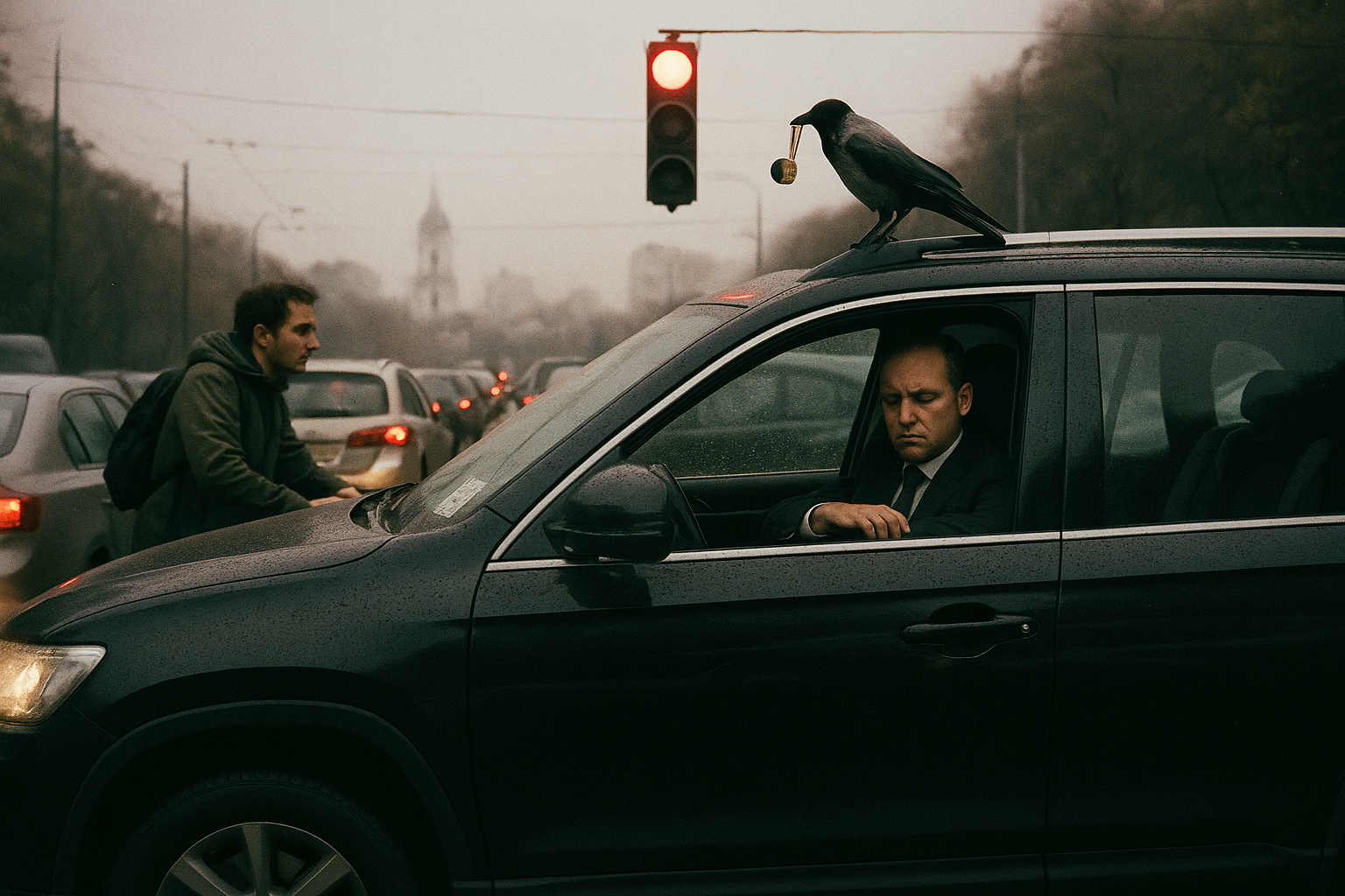 Самокатник об'їжджає ряд нерухомих авто на Печерську; у вікні чорного SUV чоловік у дорогому костюмі дивиться на годинник із мертвим виразом; на світлофорі сидить чорна ворона з мірною стрічкою в дзьобі