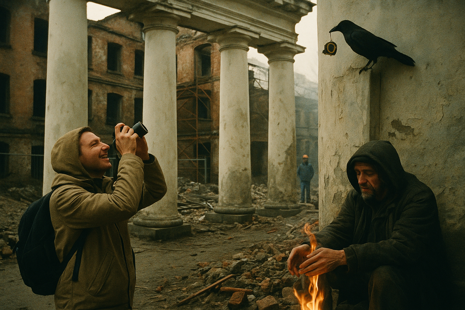 Турист на бруківці Подолу фотографує гарну колонаду, не помічаючи, що за нею — Гостиний двір без даху, з порожніми вікнами й риштуванням; біля стіни гріється безхатько; на пощербленій стіні сидить чорна ворона з мірною стрічкою