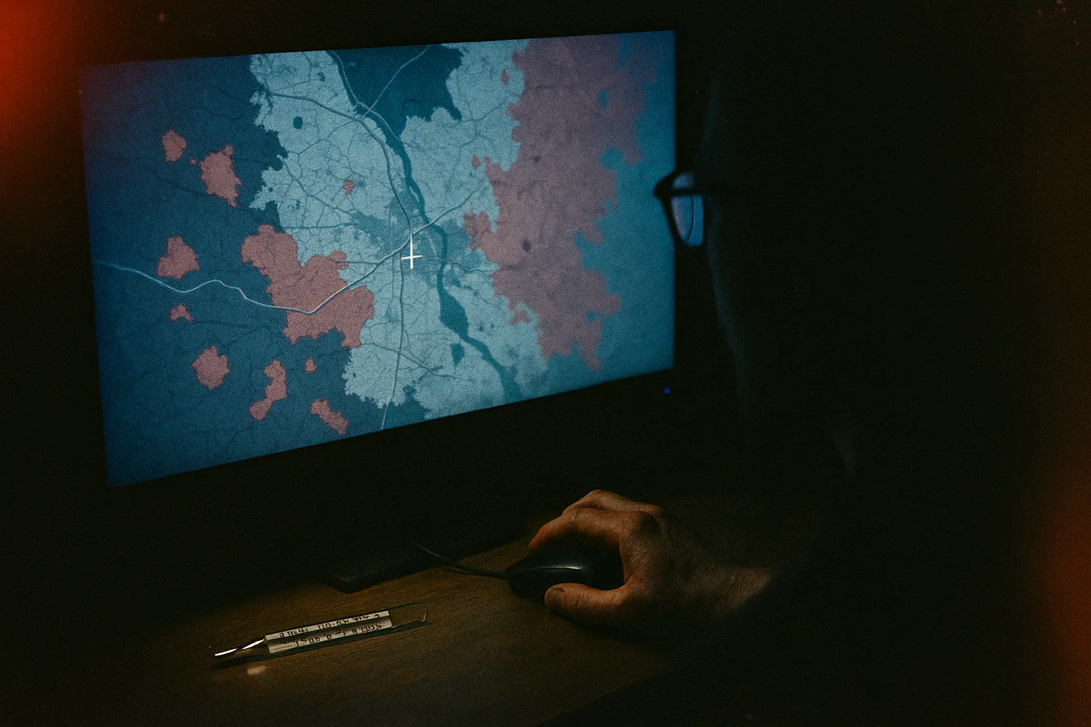 Темна кімната, силует перед монітором з інтерактивною мапою, курсор завис над перехрестям