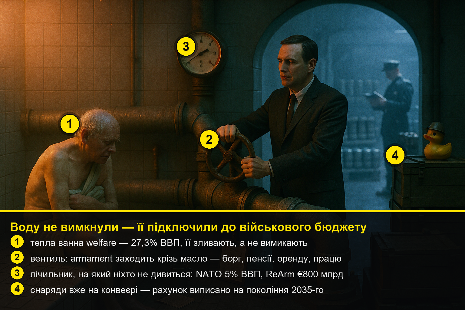 Ванна майже злита, на мокрому борту тремтить літній громадянин; у центрі чиновник до кінця відкручує брас-вентиль, що відводить тепло в трубу, на стіні крутиться лічильник; за аркою — холодна збройова, квартирмейстер приймає тепло як паливо; качечка в касці сидить на снарядному ящику; жовті номерні вказівники з легендою про механізм