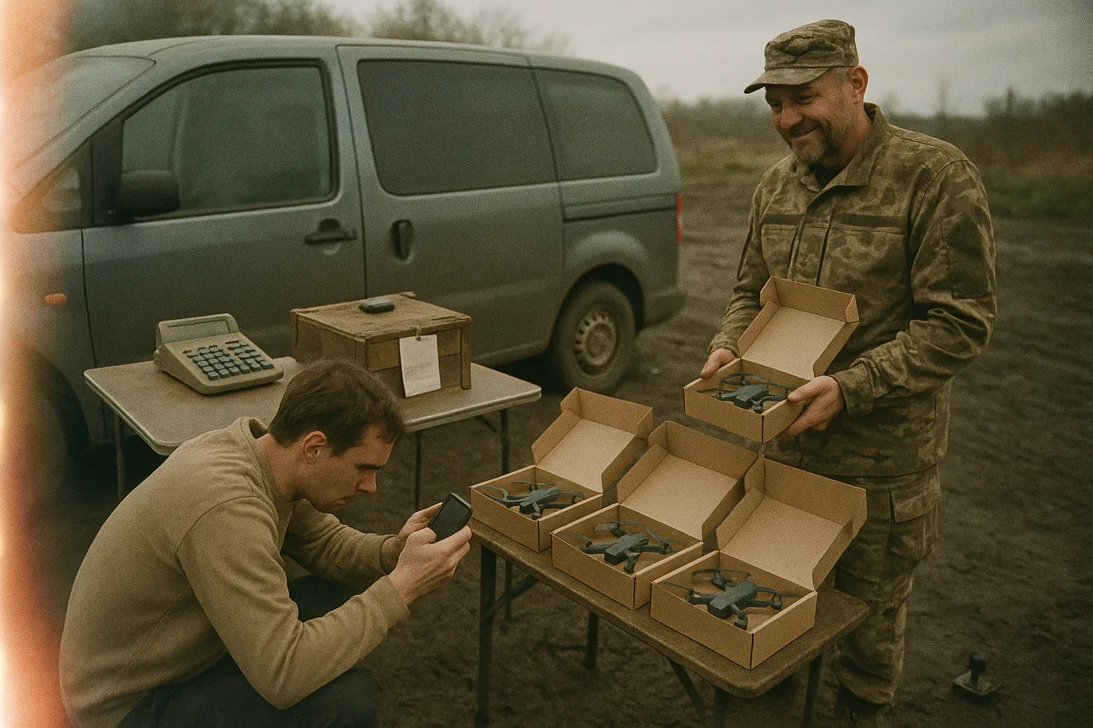 Волонтер біля польового столу фотографує телефоном відкриті коробки з дронами для звіту, поруч військовий тримає коробку
