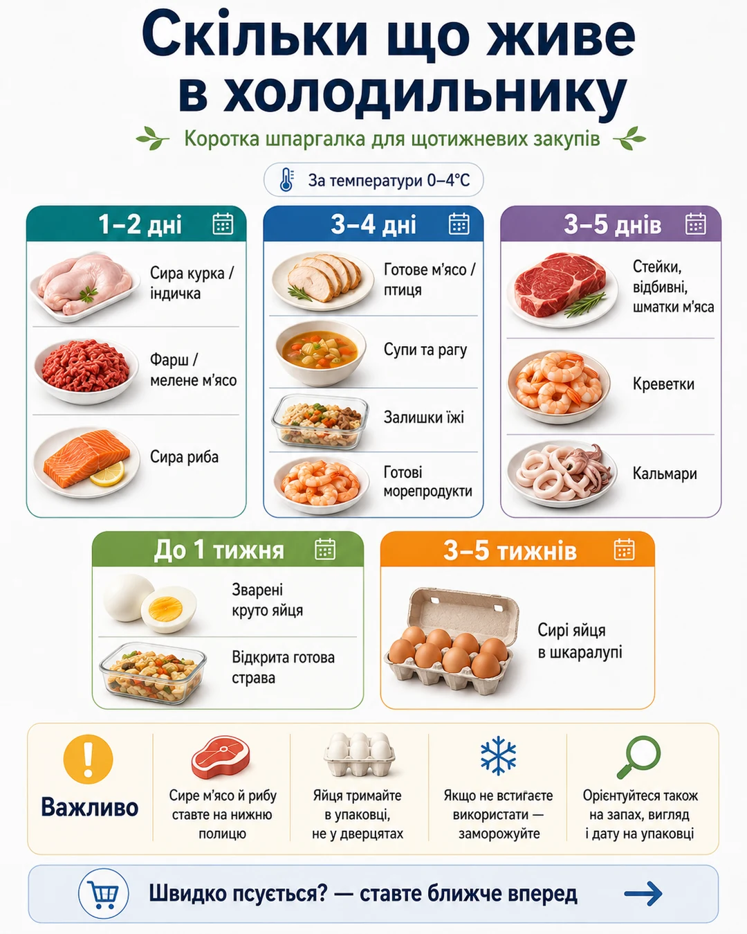 Інфографіка: скільки живе в холодильнику за 0–4°C. 1–2 дні: сира курка, фарш, риба. 3–4 дні: готове м'ясо, супи, залишки, готові морепродукти. 3–5 днів: стейки, креветки, кальмари. До тижня: варені яйця, відкрита готова страва. 3–5 тижнів: сирі яйця в шкаралупі.