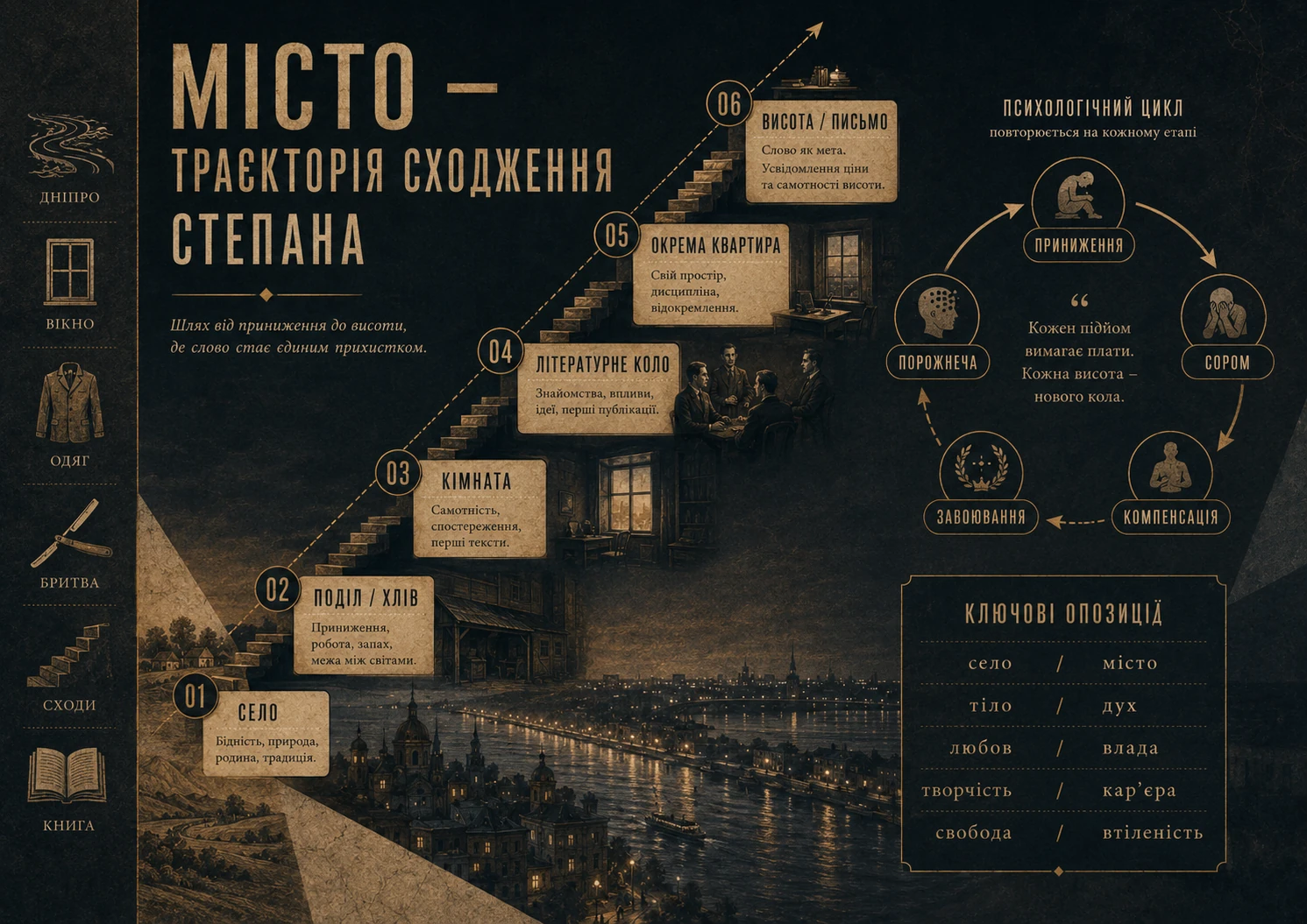Траєкторія сходження Степана: шість сходинок від села до висоти, психологічний цикл і ключові опозиції роману